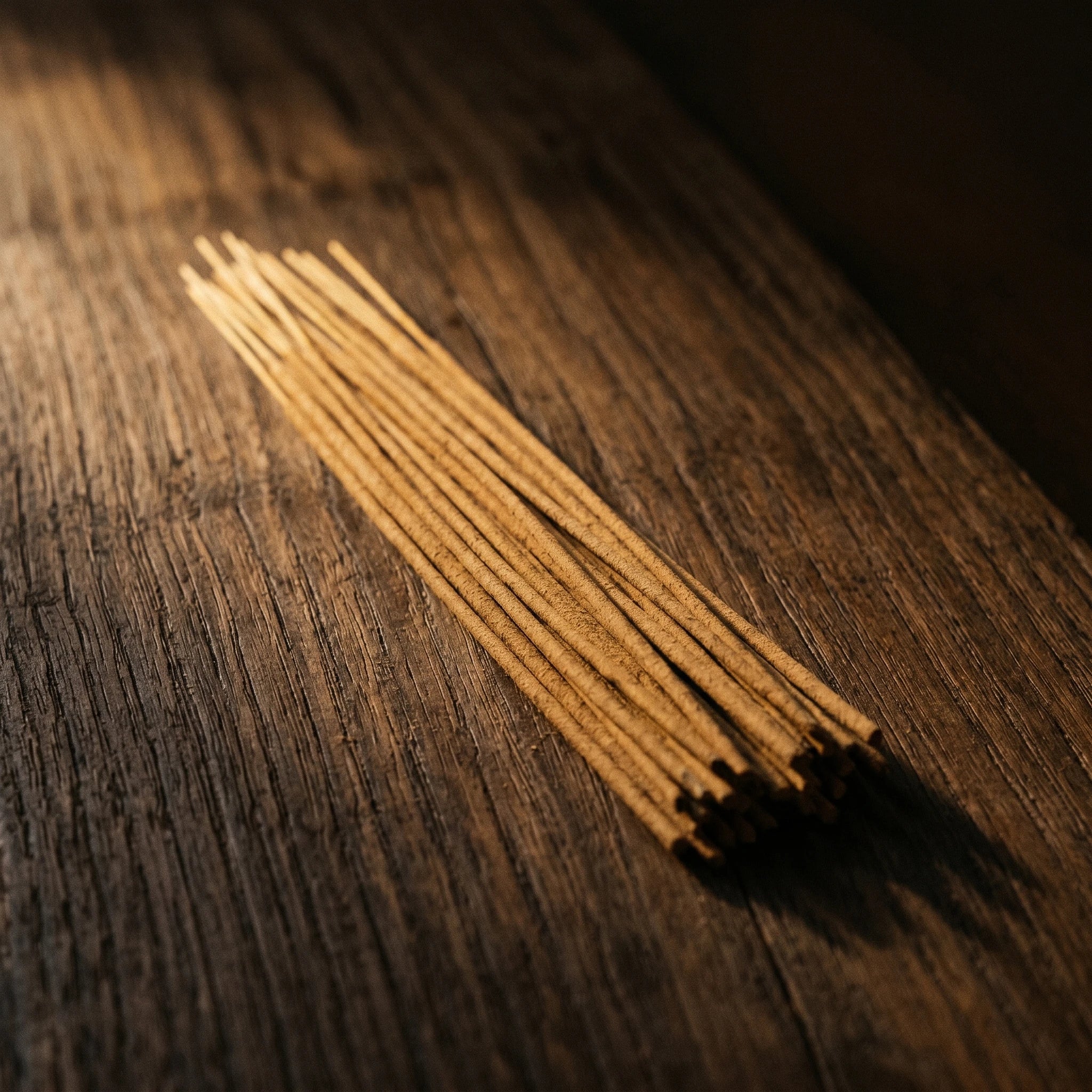 Le Santal Doré — Bâtons d'encens santal — détail matière · AURÆN Rituels d'Or