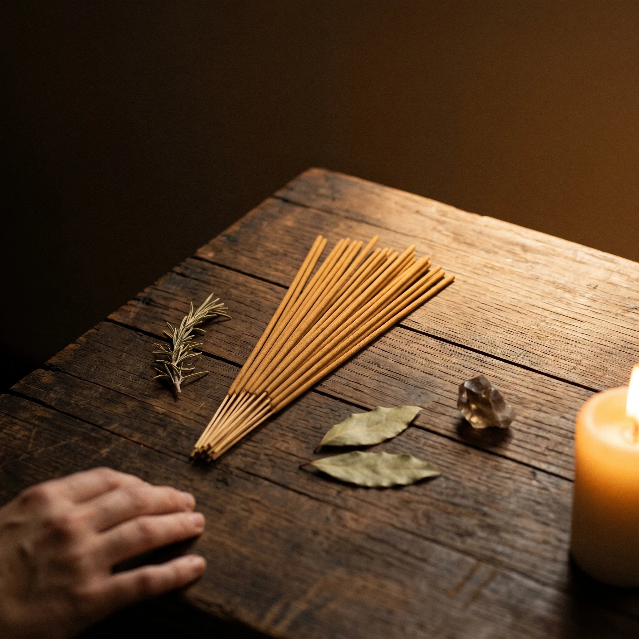 Le Santal Doré — Bâtons d'encens santal — mise en scène rituelle · AURÆN Rituels d'Or