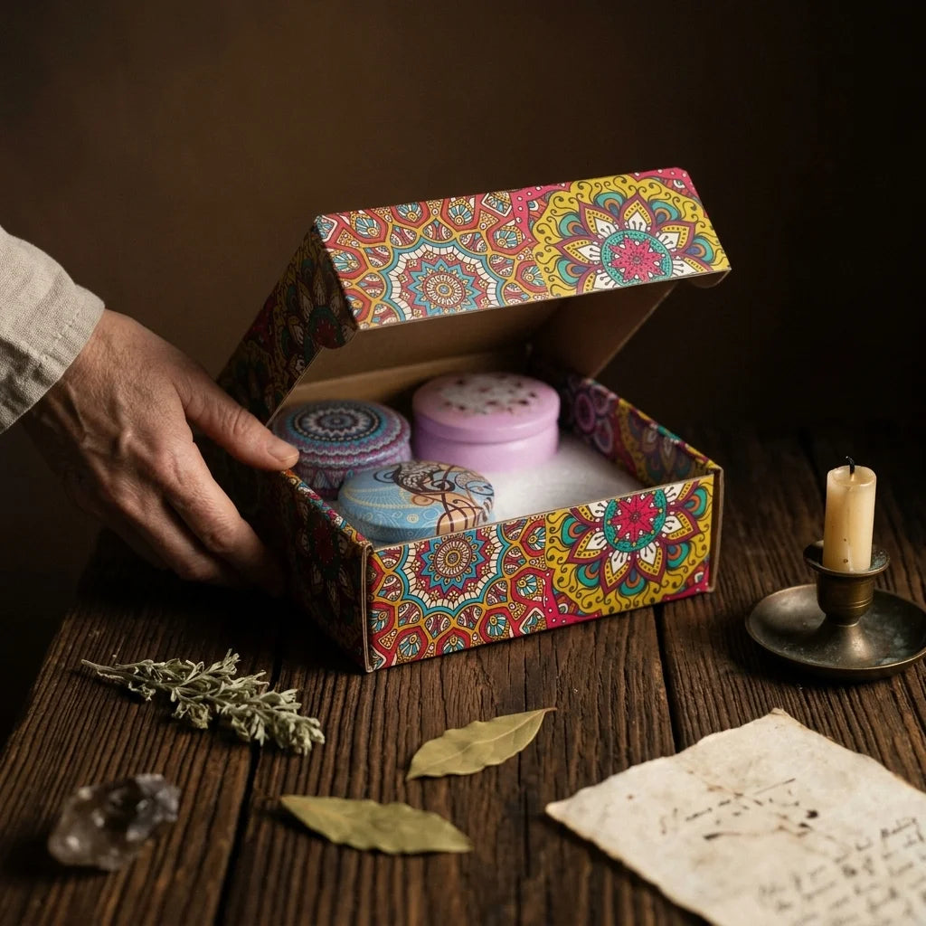 La Bougie Sacrée — Coffret 4 bougies motifs arabesques parfumées — mise en scène rituelle · AURÆN Rituels d'Or