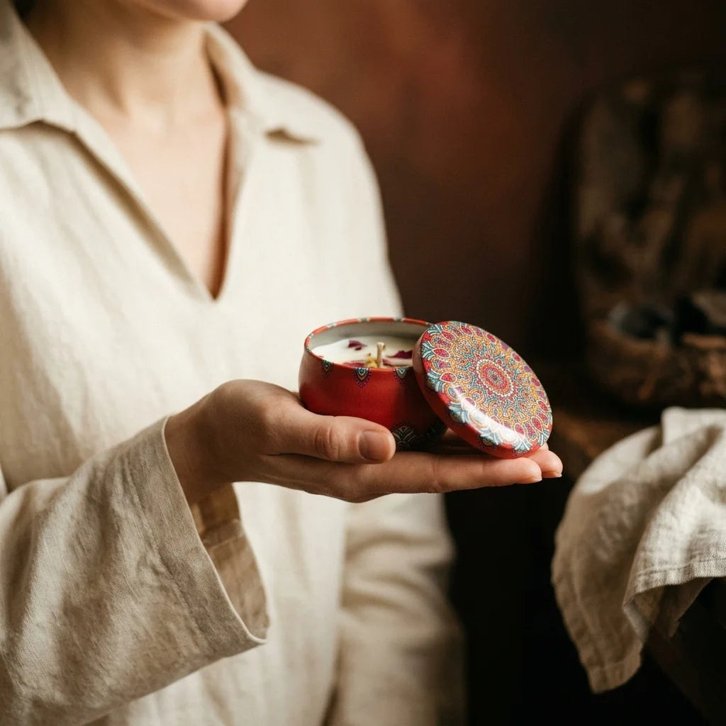 La Bougie Sacrée — Coffret 4 bougies motifs arabesques parfumées — porté · AURÆN Rituels d'Or