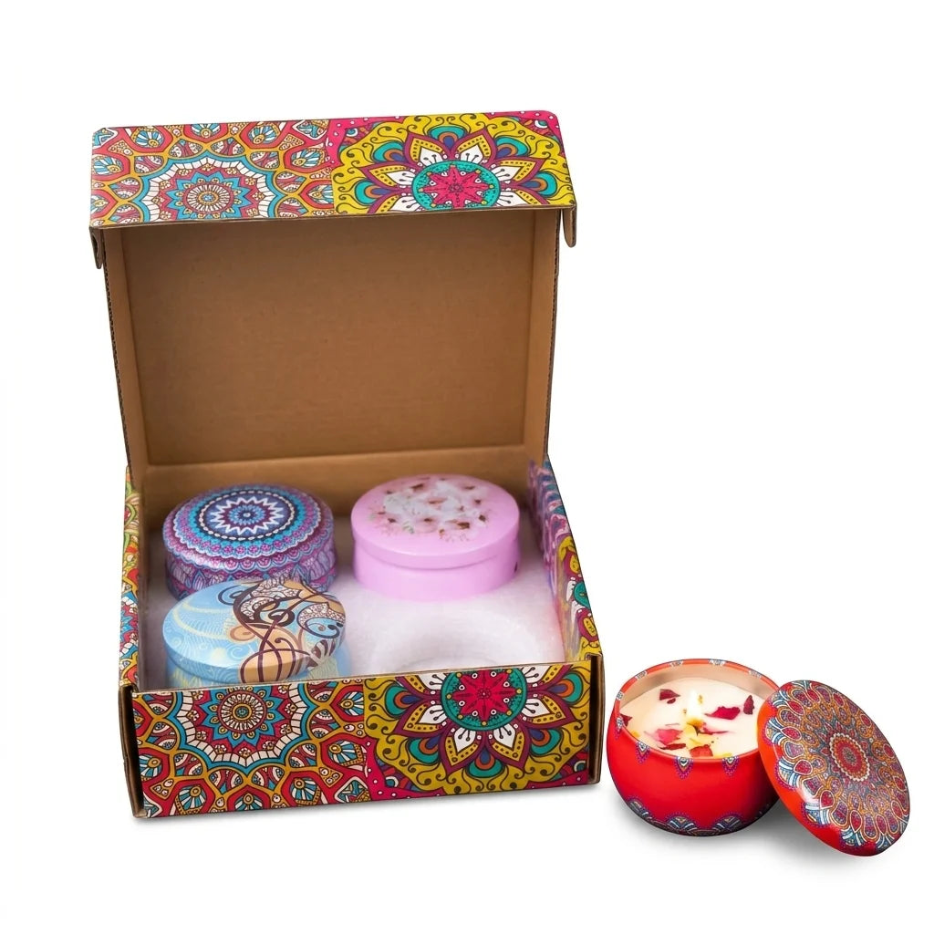 La Bougie Sacrée — Coffret 4 bougies motifs arabesques parfumées — packshot fond blanc · AURÆN Rituels d'Or