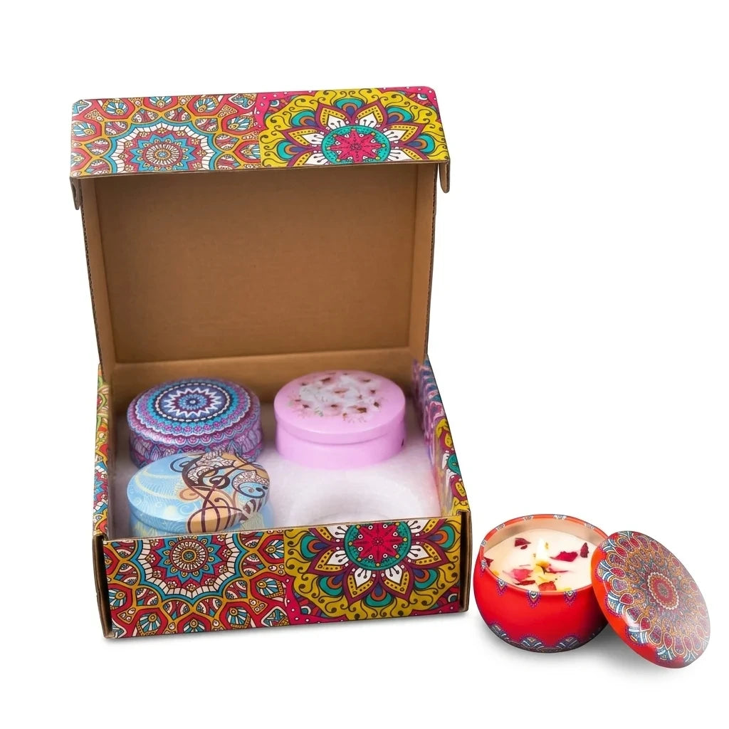 La Bougie Sacrée — Coffret 4 bougies motifs arabesques parfumées — packshot fond blanc · AURÆN Rituels d'Or