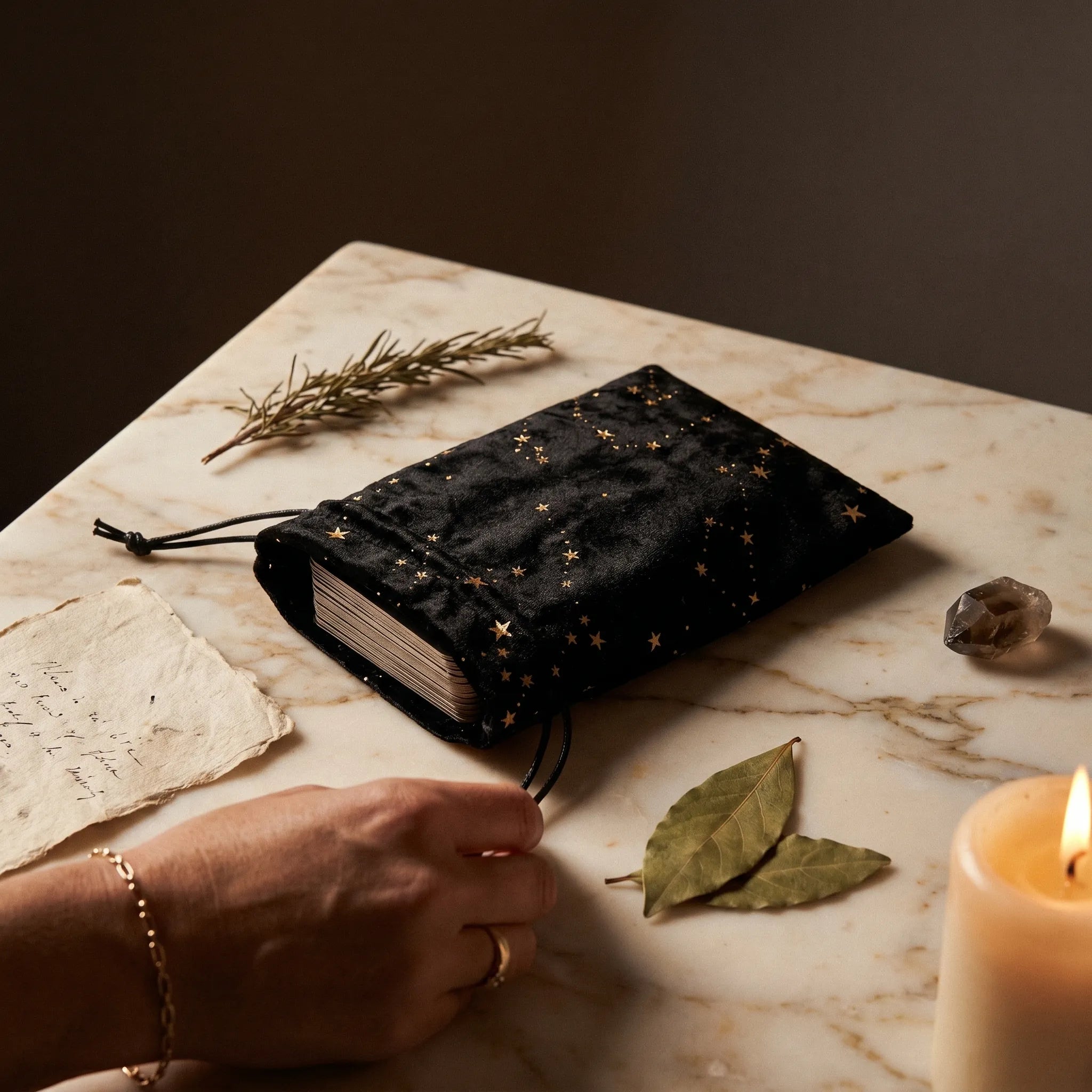 La Bourse à Tarot Étoilée — Pochette en velours rangement cartes — mise en scène rituelle · AURÆN Objets Sacrés