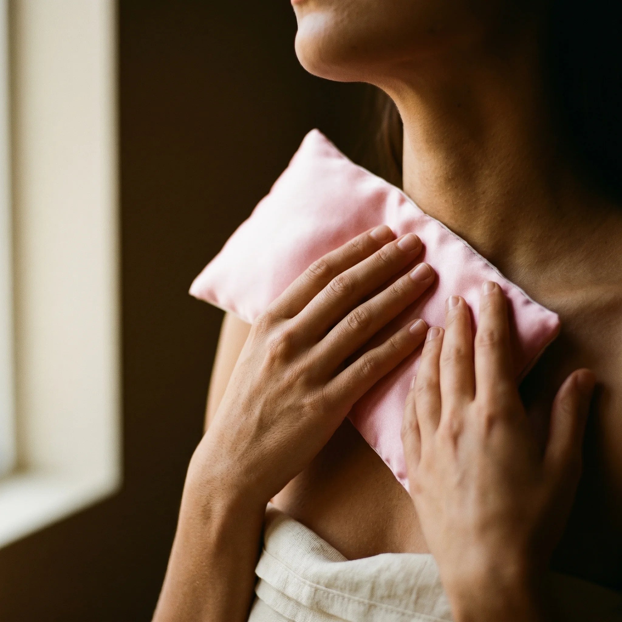 Le Masque de Lavande — Coussin pour yeux à la lavande relaxant — en situation · AURÆN Rituels d'Or