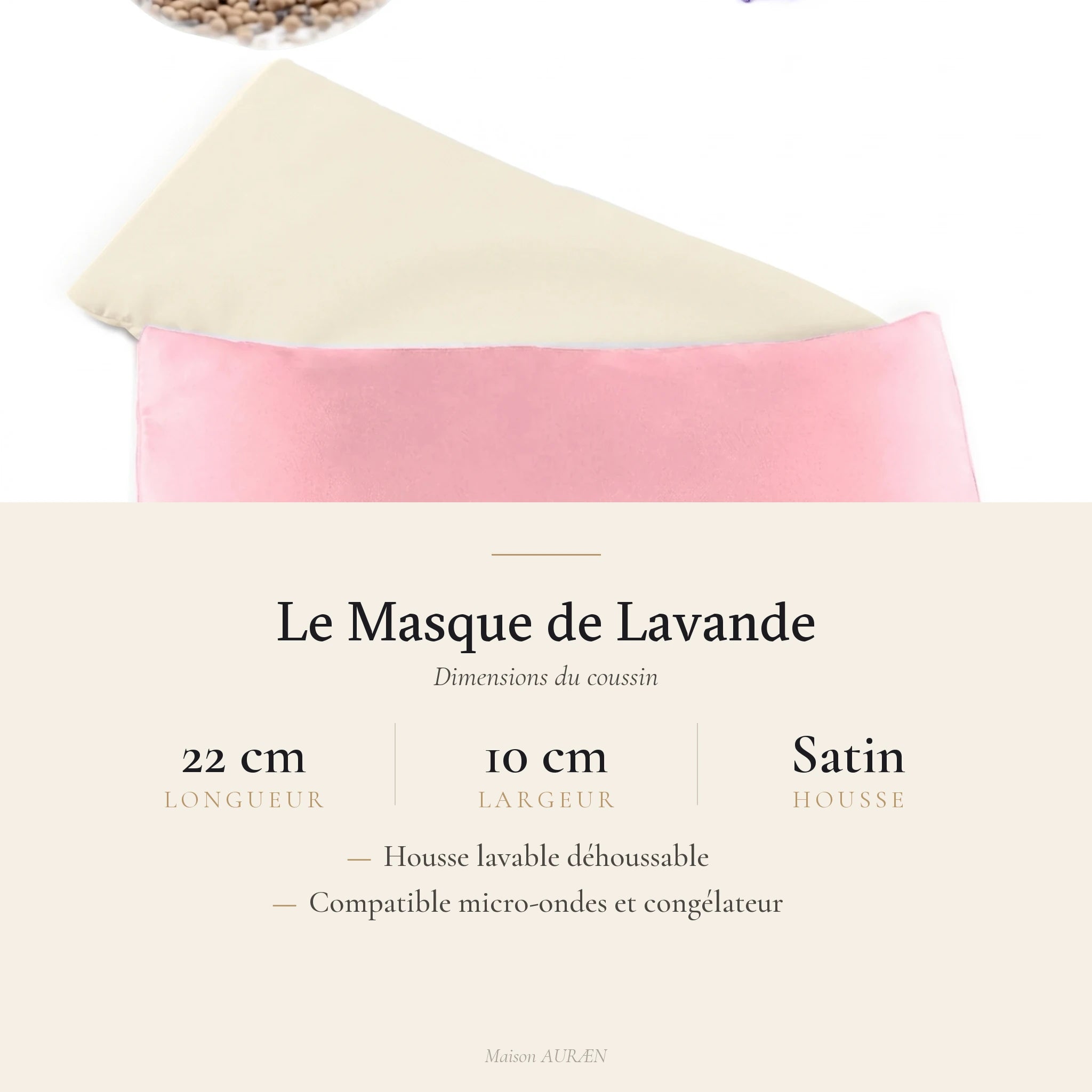Le Masque de Lavande — Coussin pour yeux à la lavande relaxant — dimensions · AURÆN Rituels d'Or