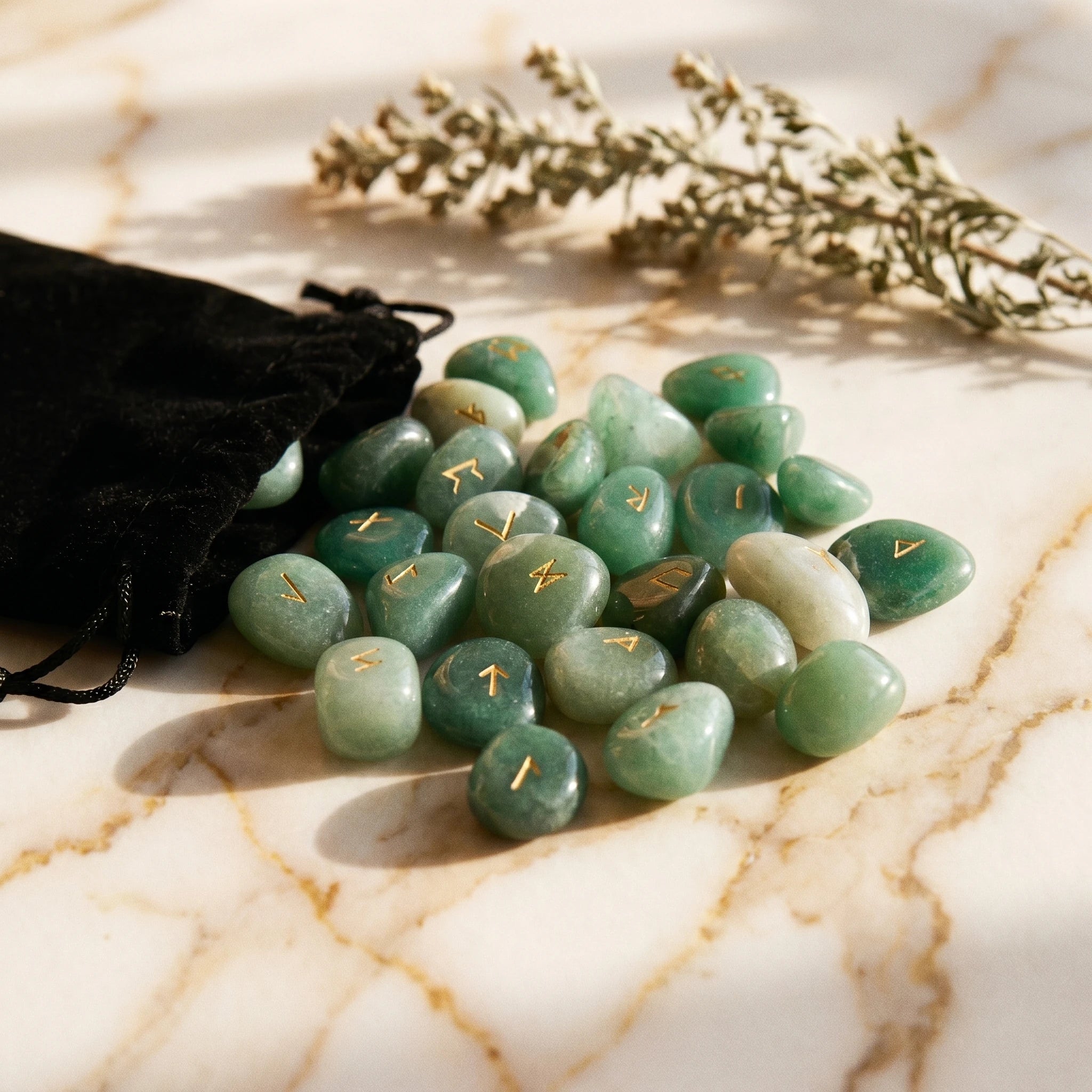 Les Runes de Fluorite — Set divinatoire viking — vue principale · AURÆN Objets Sacrés