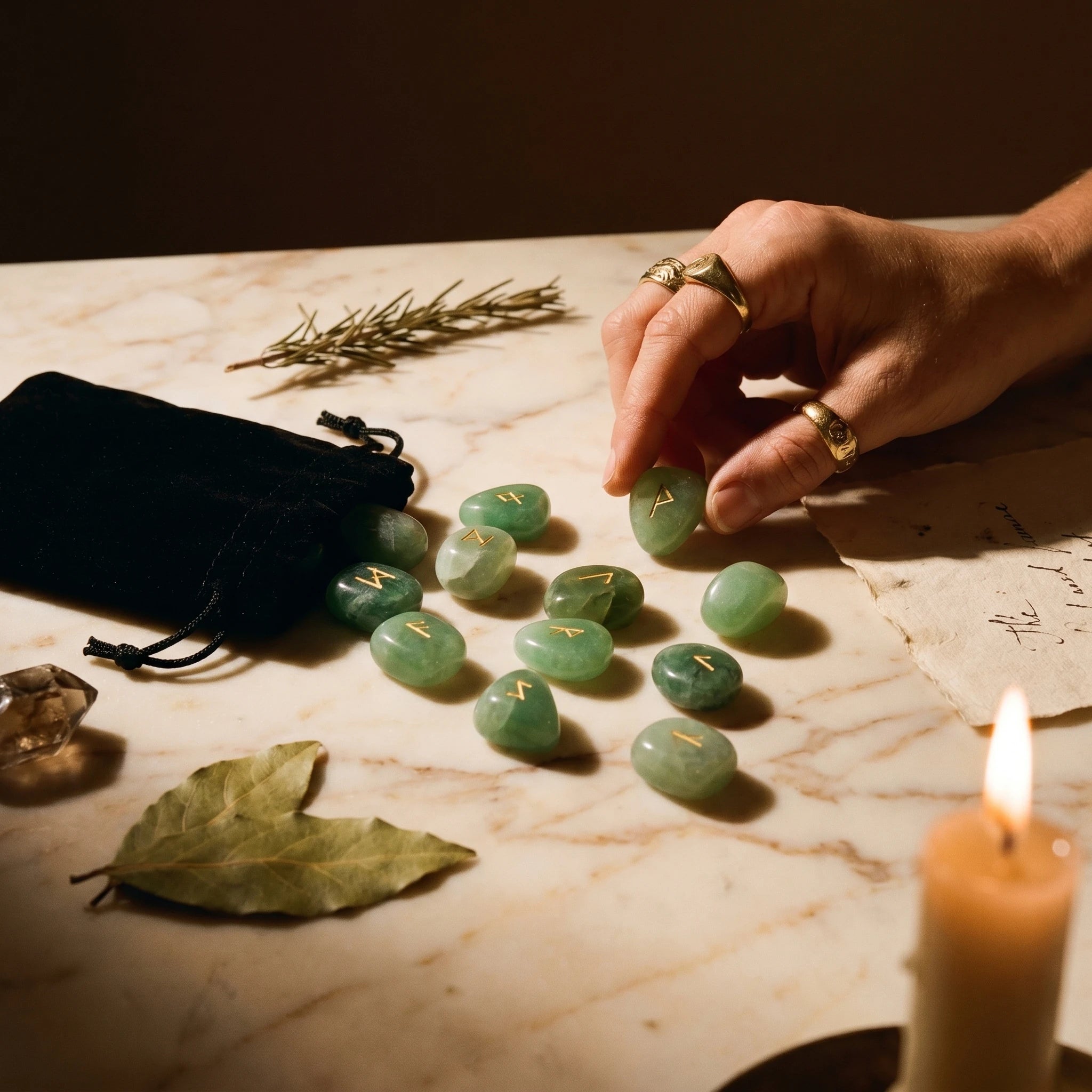 Les Runes de Fluorite — Set divinatoire viking — mise en scène rituelle · AURÆN Objets Sacrés