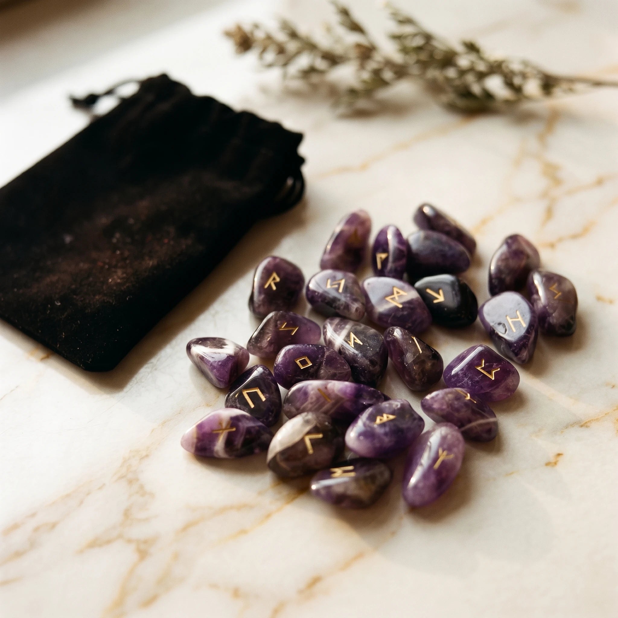 Les Runes d'Améthyste — Set divinatoire viking — vue principale · AURÆN Objets Sacrés