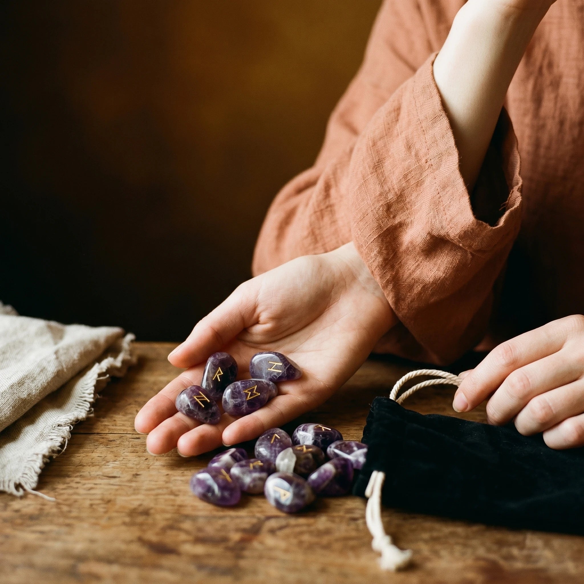 Les Runes d'Améthyste — Set divinatoire viking — porté · AURÆN Objets Sacrés