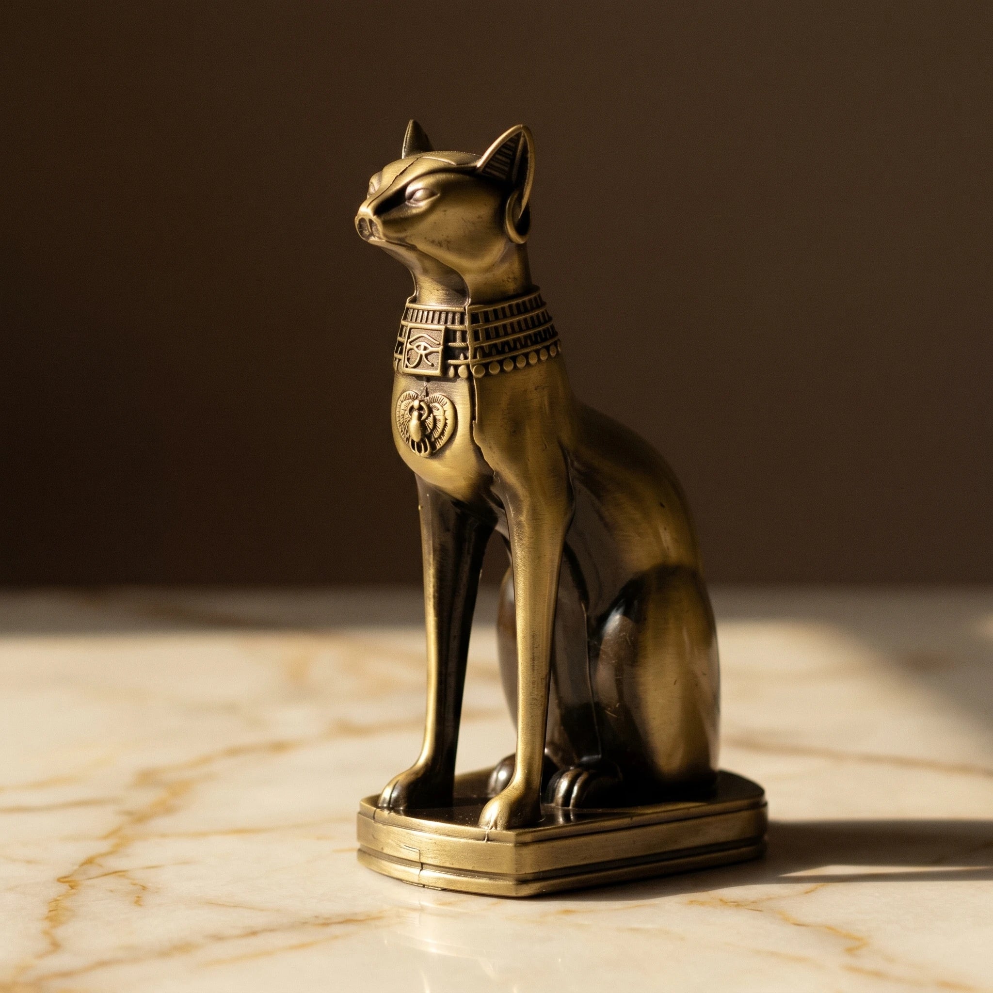 La Bastet — Statuette de chat égyptien en métal vintage — détail matière · AURÆN Objets Sacrés