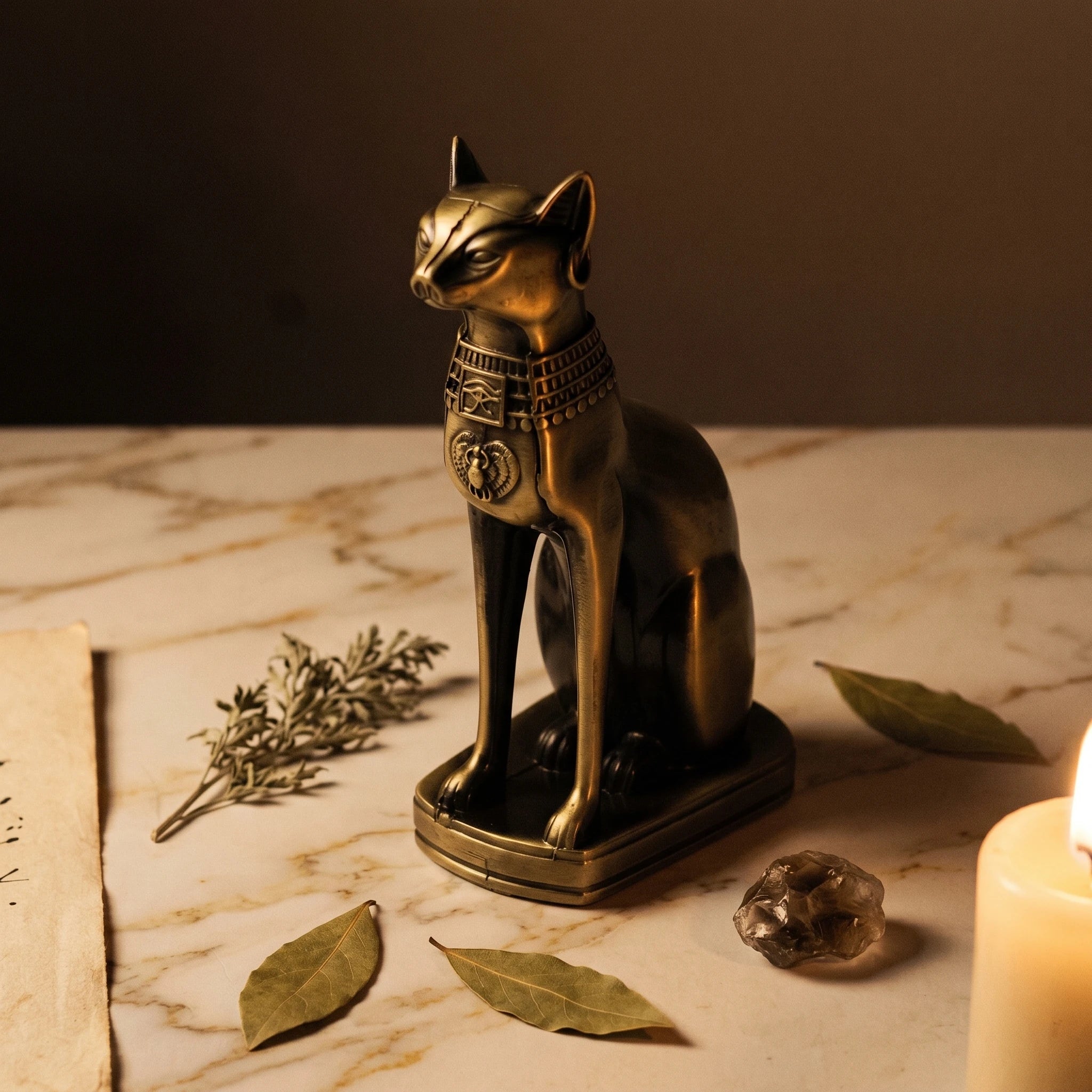 La Bastet — Statuette de chat égyptien en métal vintage — mise en scène rituelle · AURÆN Objets Sacrés