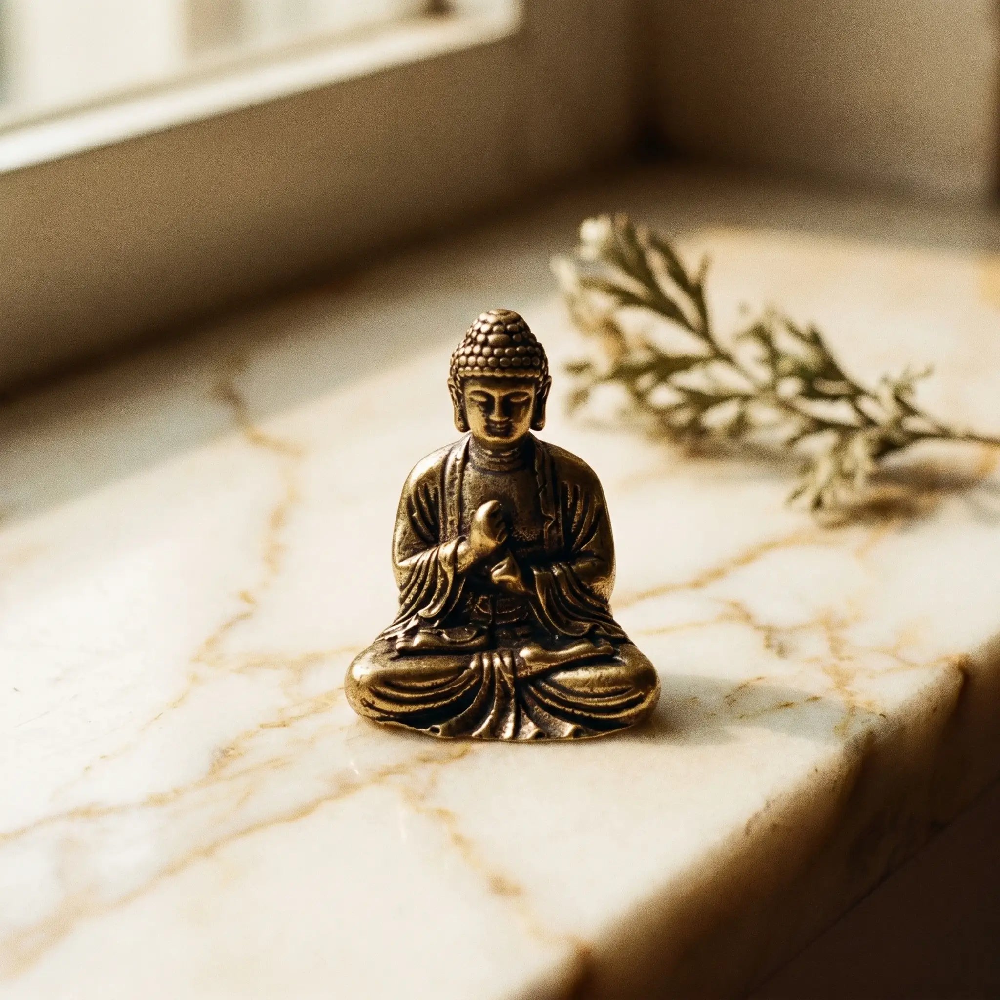 Le Bouddha Sakyamuni — Statuette miniature en laiton ancien — vue principale · AURÆN Objets Sacrés