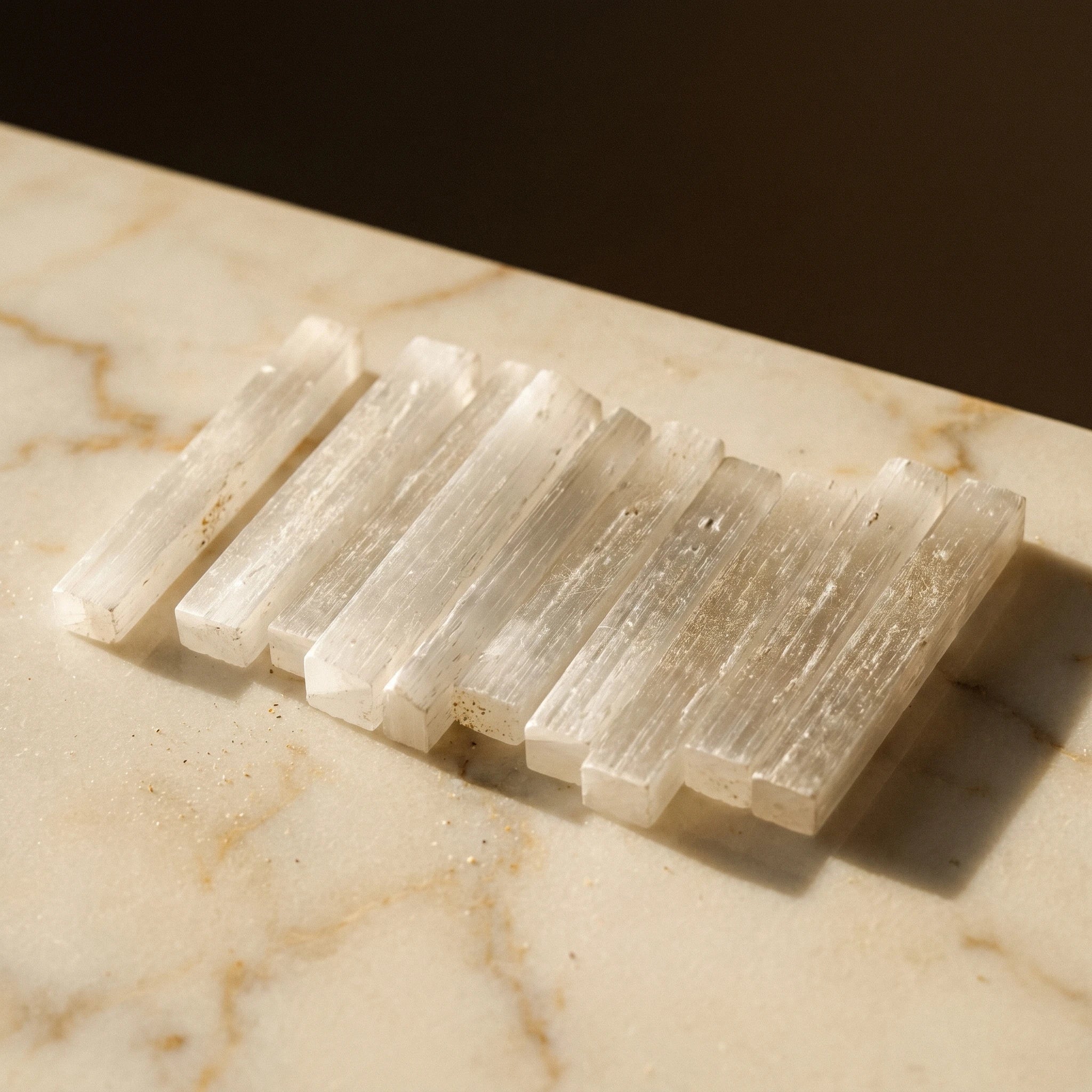 La Sélénite du Maroc — Set barre & plaque cristal blanc purifiant — détail matière · AURÆN Pierres d'Âme