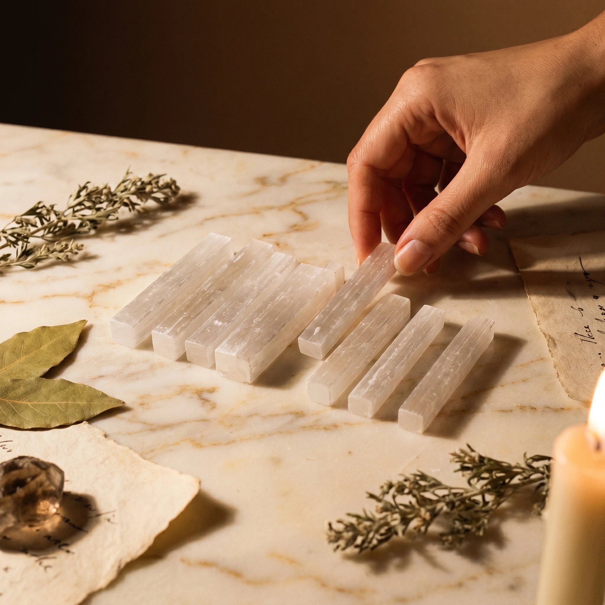 La Sélénite du Maroc — Set barre & plaque cristal blanc purifiant — mise en scène rituelle · AURÆN Pierres d'Âme