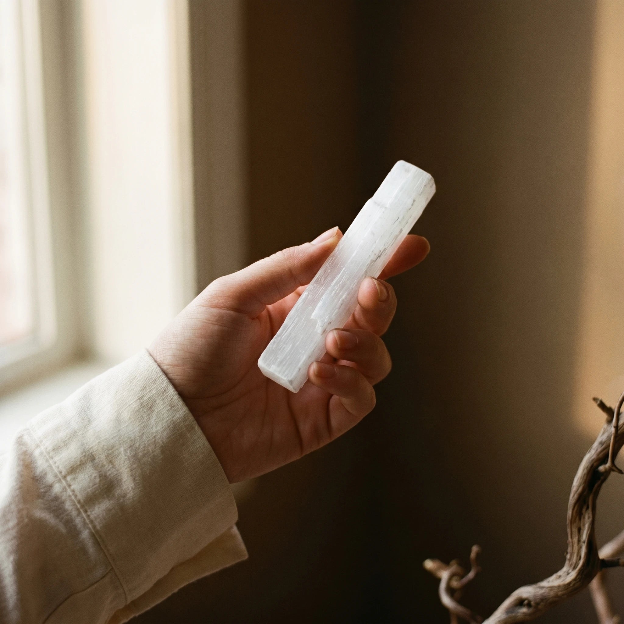 La Sélénite du Maroc — Set barre & plaque cristal blanc purifiant — porté · AURÆN Pierres d'Âme