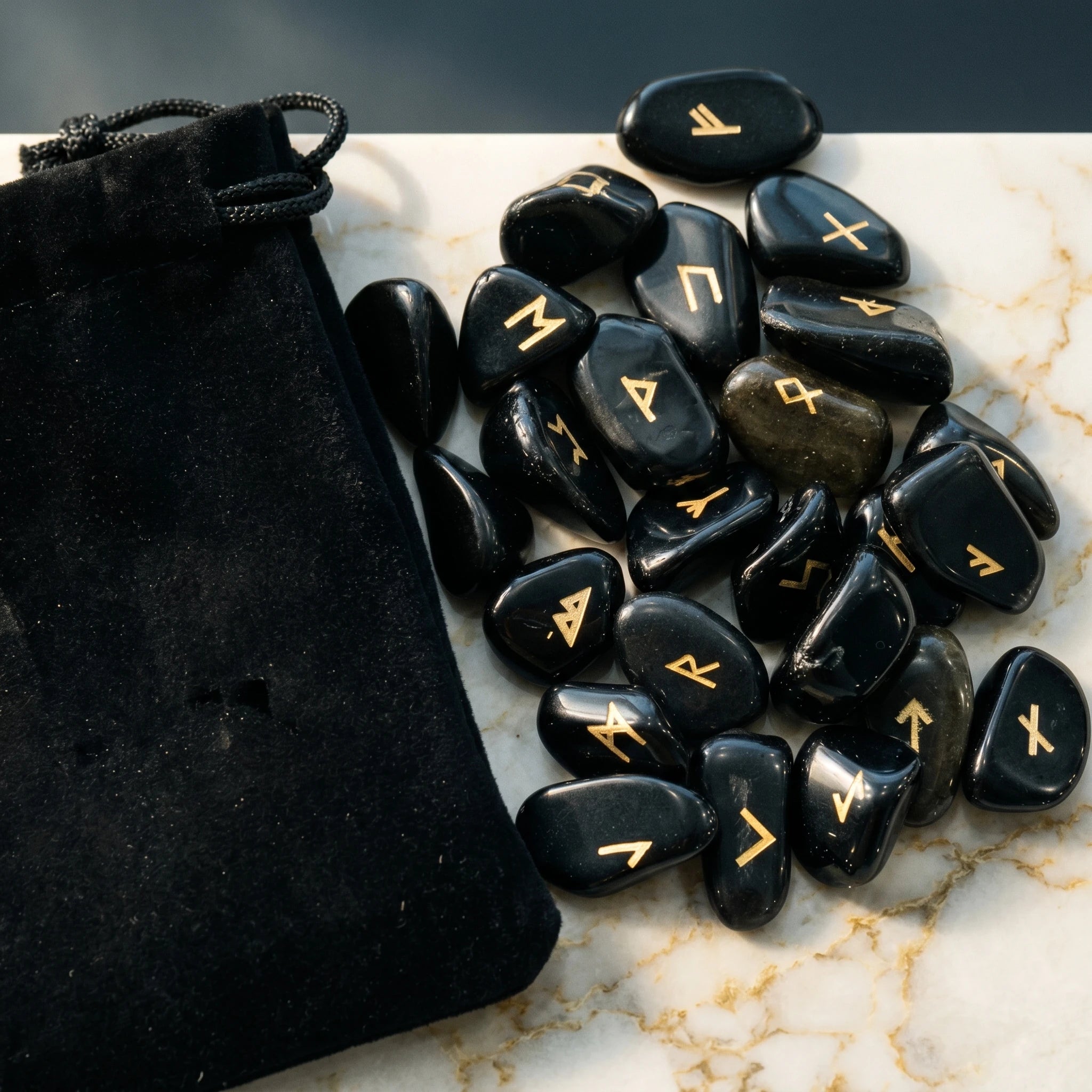 Les Runes d'Obsidienne — Set divinatoire viking — détail matière · AURÆN Objets Sacrés