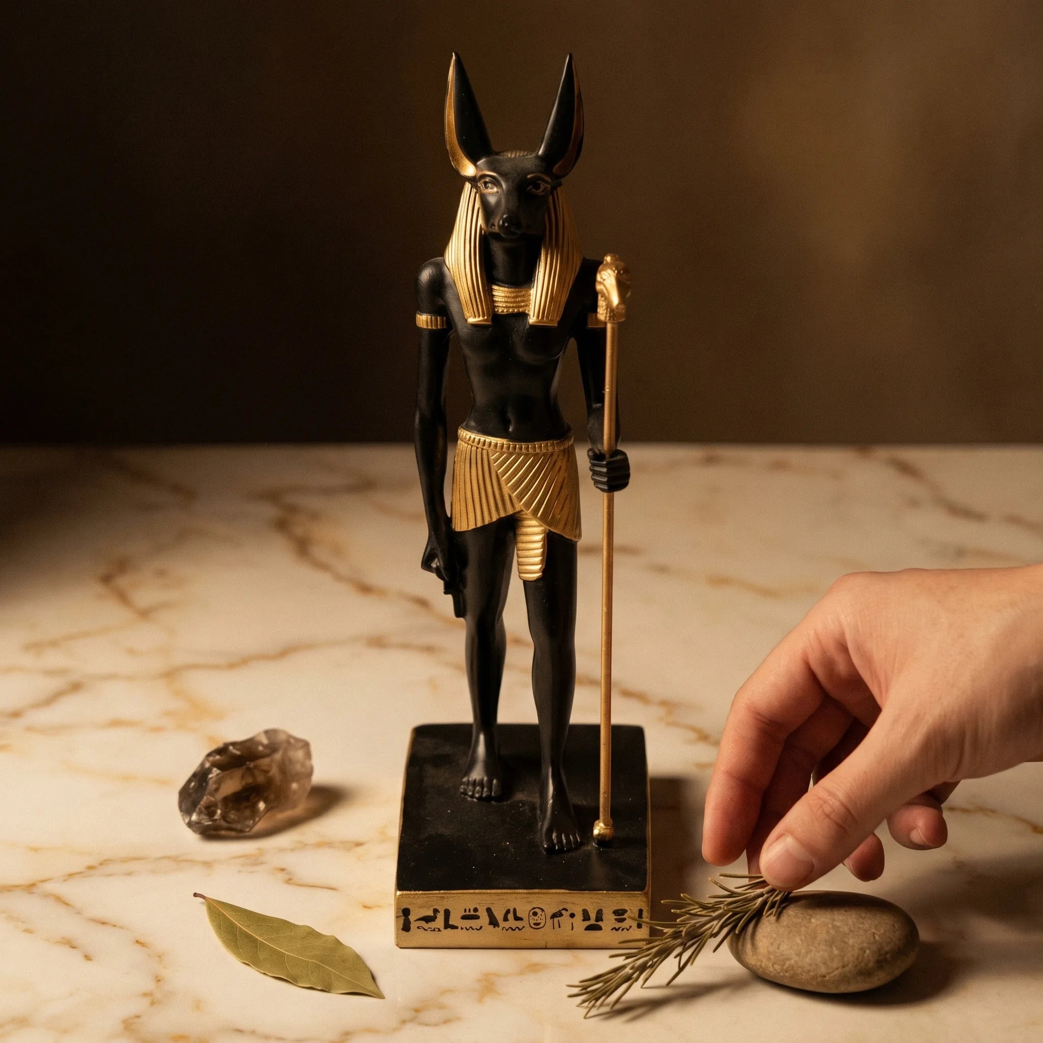 L'Anubis — Statuette résine pharaonique chacal d'Égypte — mise en scène rituelle · AURÆN Objets Sacrés