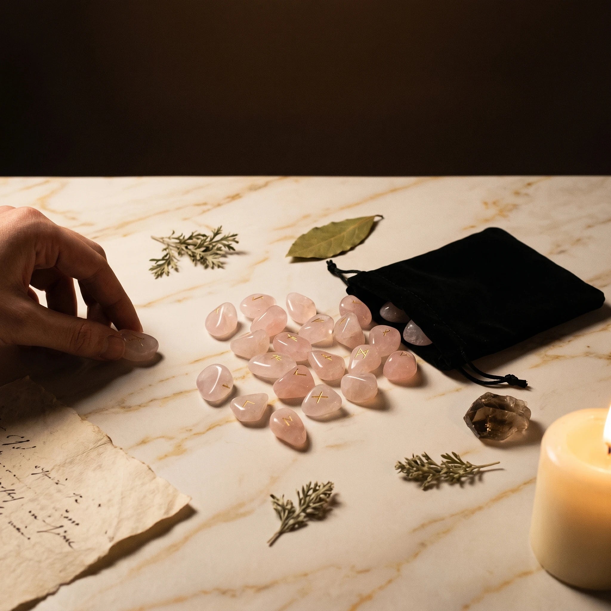 Les Runes de Quartz Rose — Set divinatoire viking — mise en scène rituelle · AURÆN Objets Sacrés