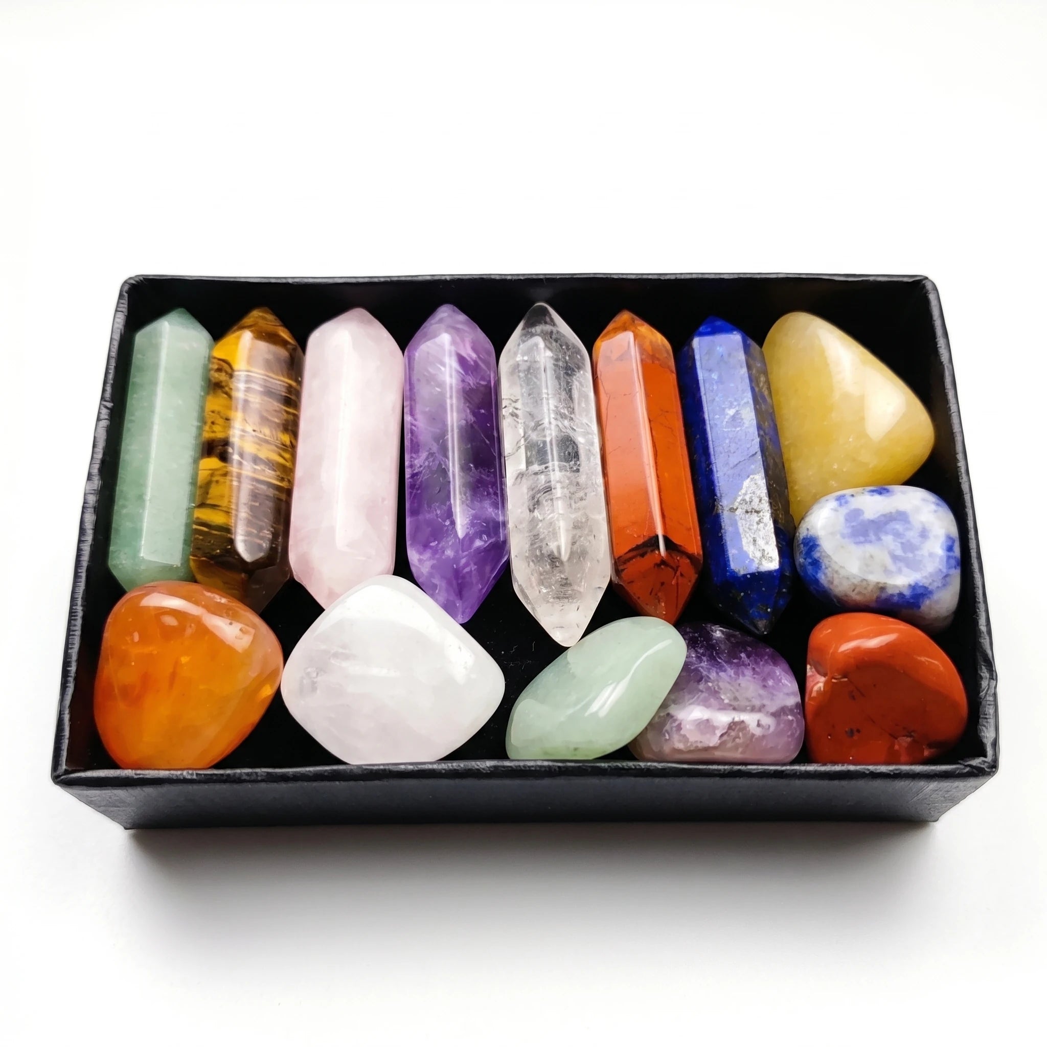 L'Alignement — Set 14 colonnes pierres 7 chakras DIY — packshot fond blanc · AURÆN Pierres d'Âme