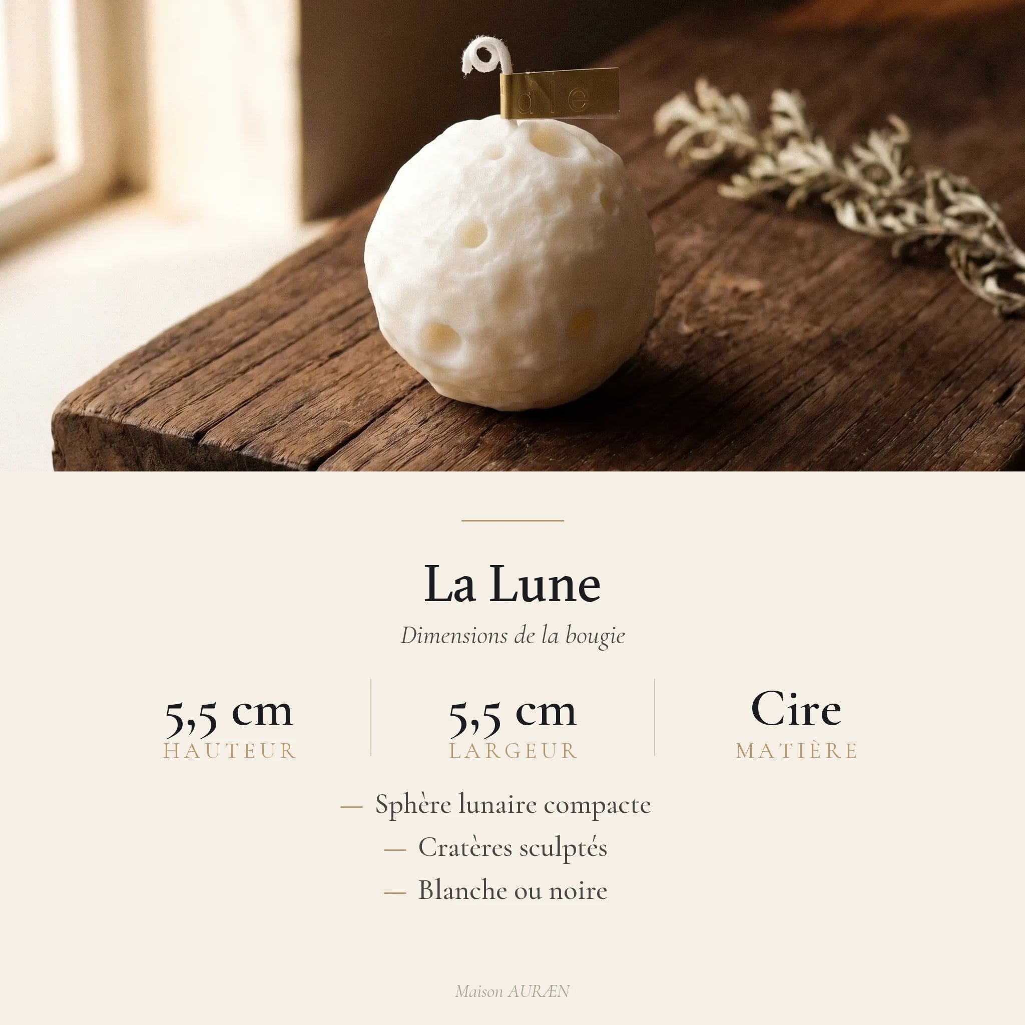 La Lune — Bougie en forme de croissant lunaire — dimensions · AURÆN Rituels d'Or