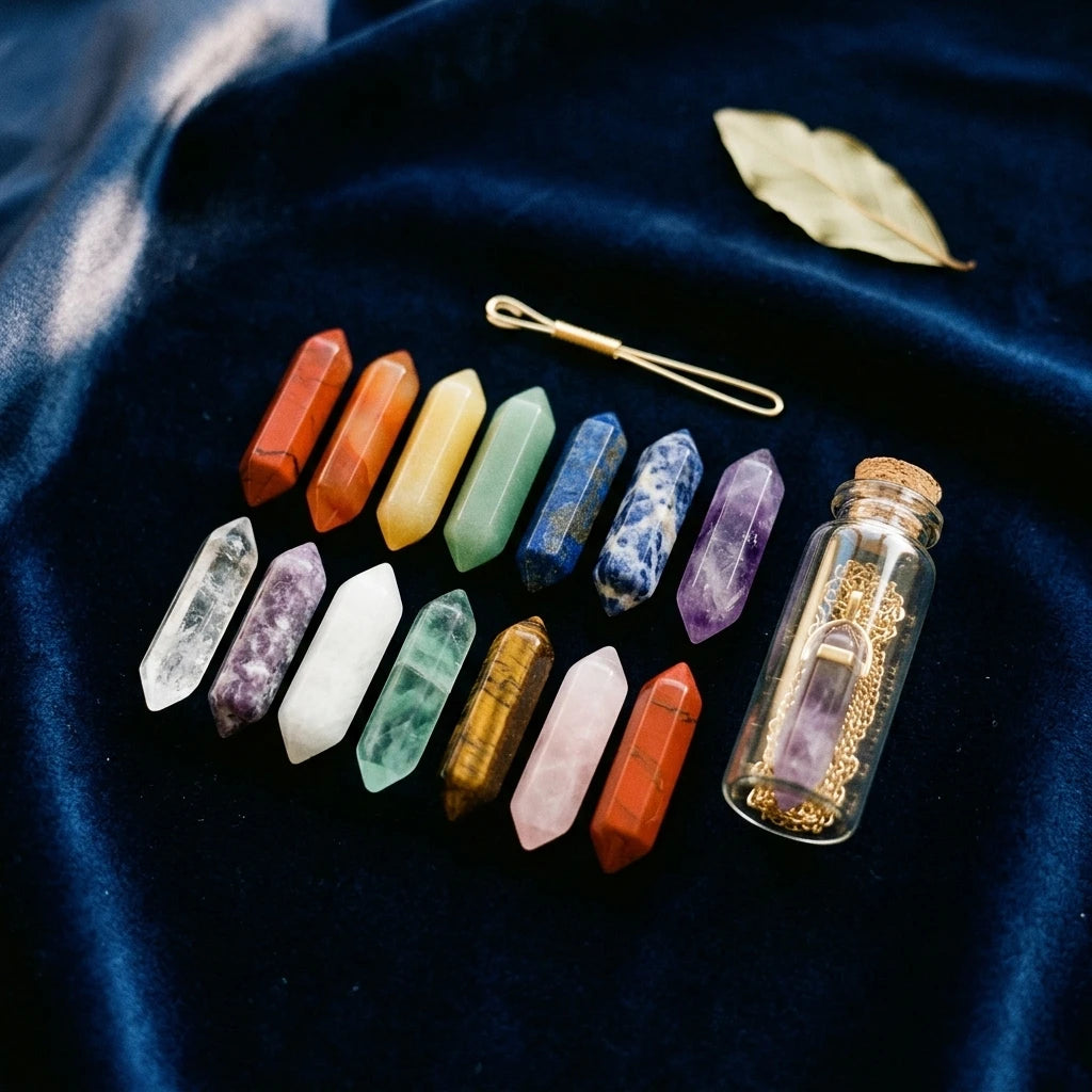 Le Coffret 7 Chakras — Set 14 piliers pierre + DIY collier (boîte cadeau) — vue principale · AURÆN Pierres d'Âme