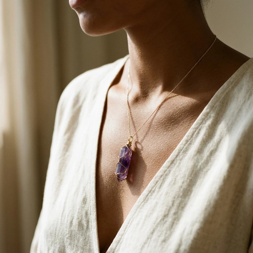Le Coffret 7 Chakras — Set 14 piliers pierre + DIY collier (boîte cadeau) — porté · AURÆN Pierres d'Âme