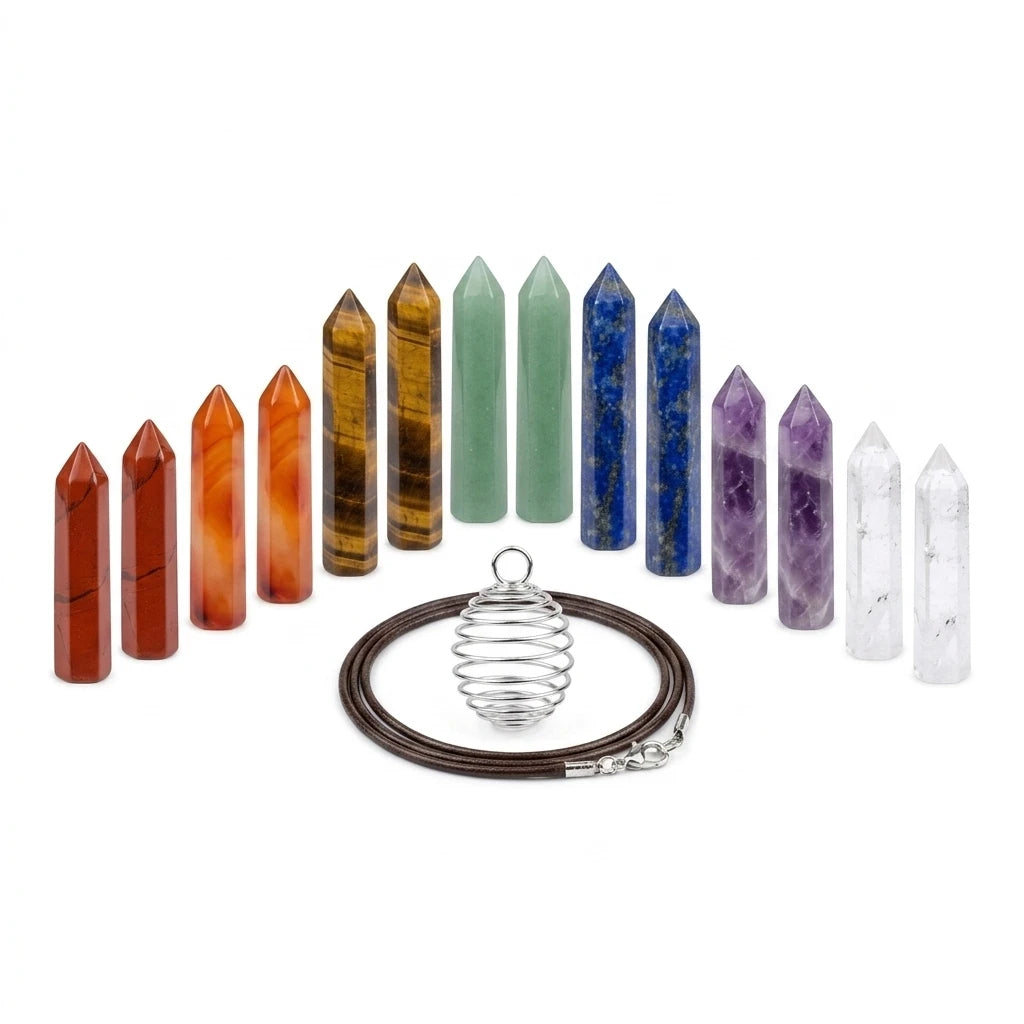 Le Coffret 7 Chakras — Set 14 piliers pierre + DIY collier (boîte cadeau) — packshot fond blanc · AURÆN Pierres d'Âme