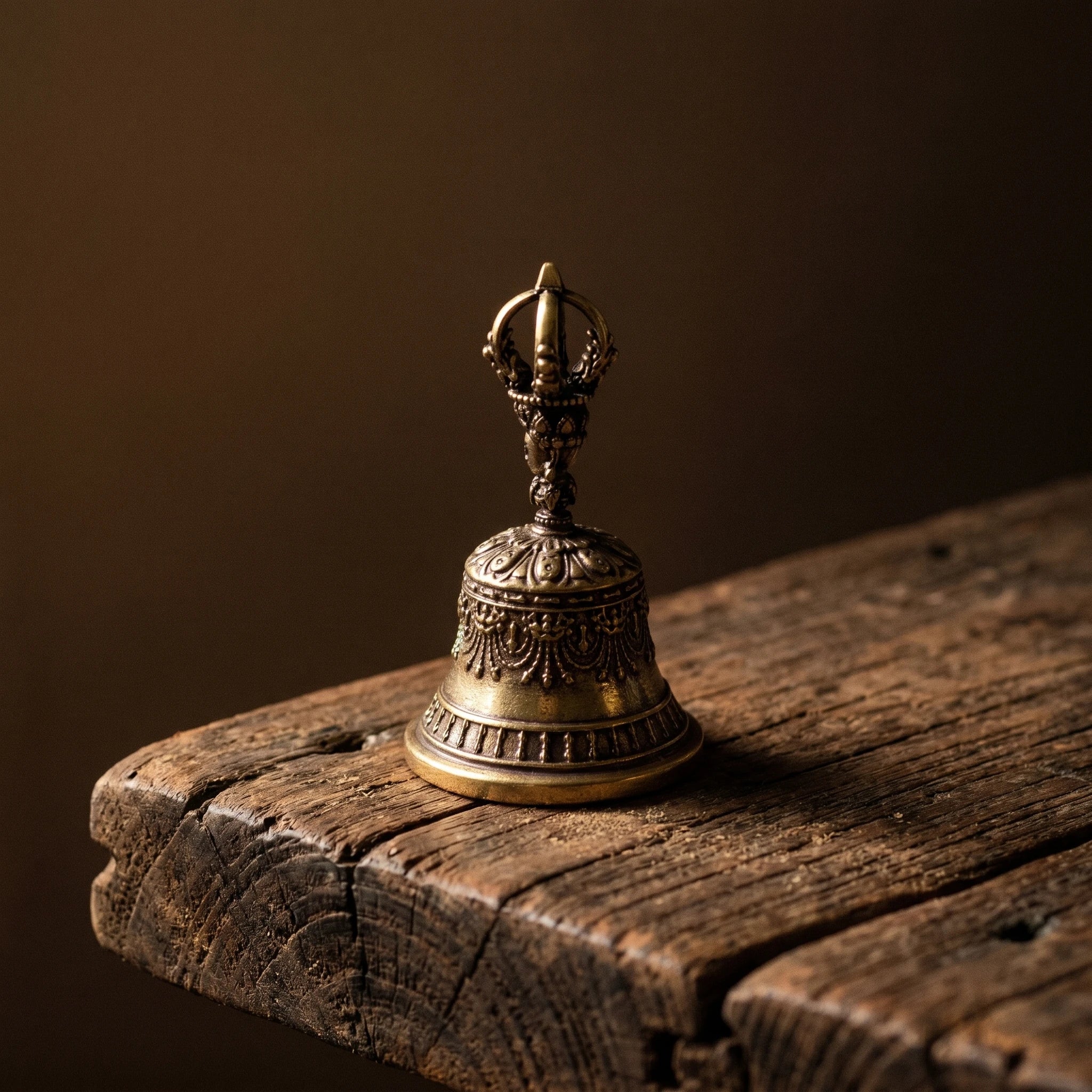 La Cloche Vajra — Cloche tibétaine en laiton pour rituel bouddhiste — détail matière · AURÆN Rituels d'Or