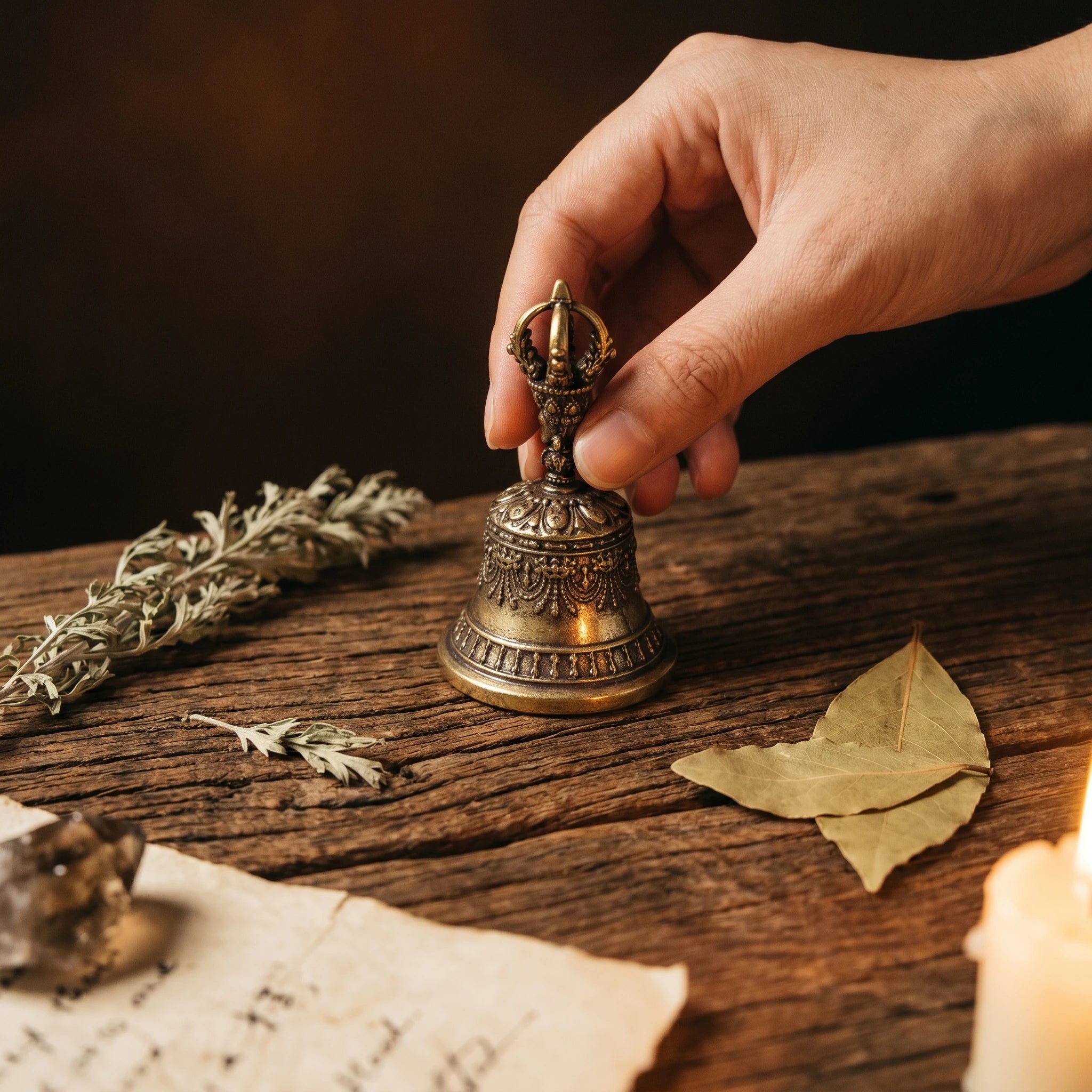 La Cloche Vajra — Cloche tibétaine en laiton pour rituel bouddhiste — mise en scène rituelle · AURÆN Rituels d'Or