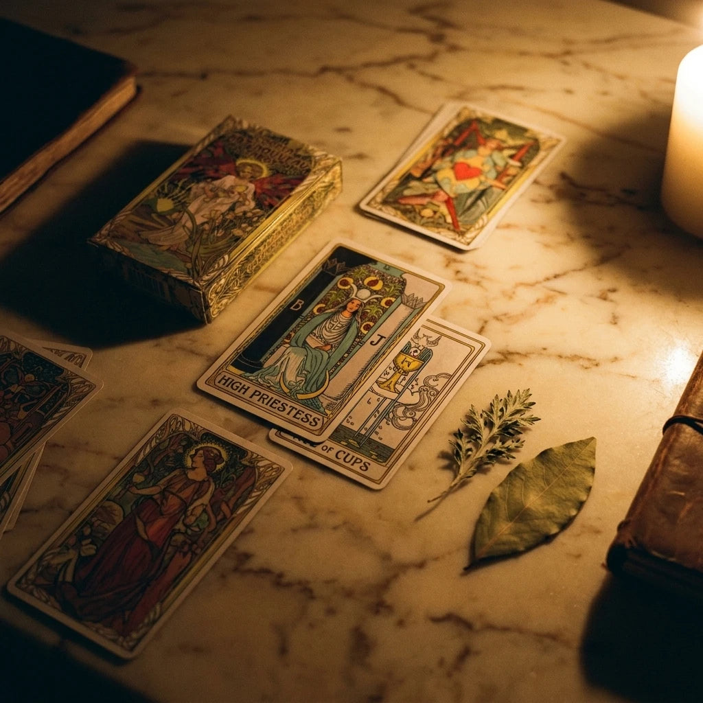 L'Art Nouveau — Tarot divinatoire Golden Art Nouveau — mise en scène rituelle · AURÆN Objets Sacrés
