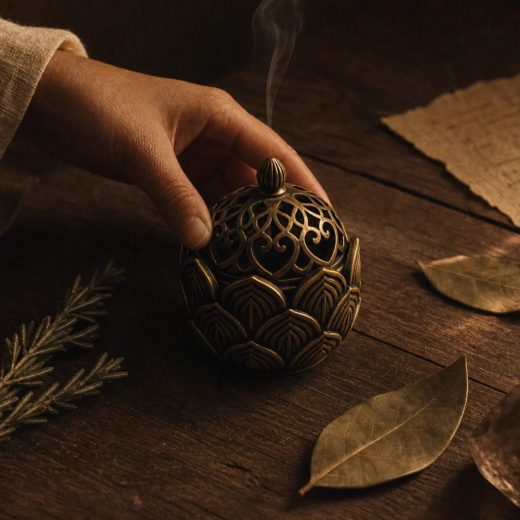 Le Lotus Mini — Porte-encens cône en métal ouvragé — mise en scène rituelle · AURÆN Rituels d'Or