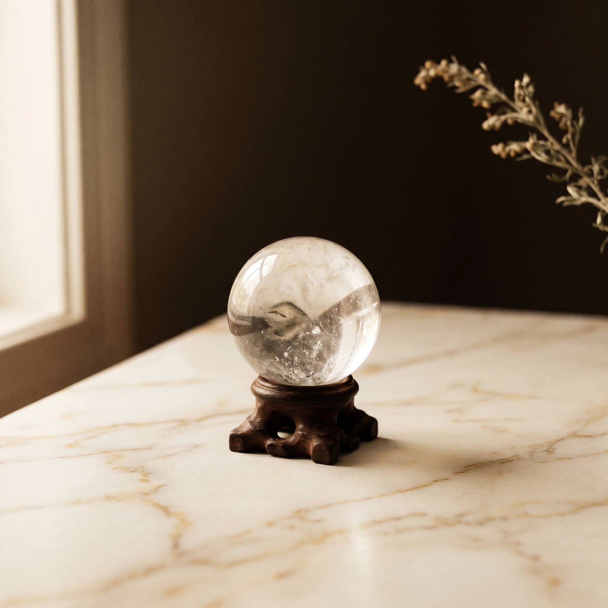 La Boule de Cristal — Sphère de quartz transparent 28–32 mm + socle bois — vue principale · AURÆN Pierres d'Âme