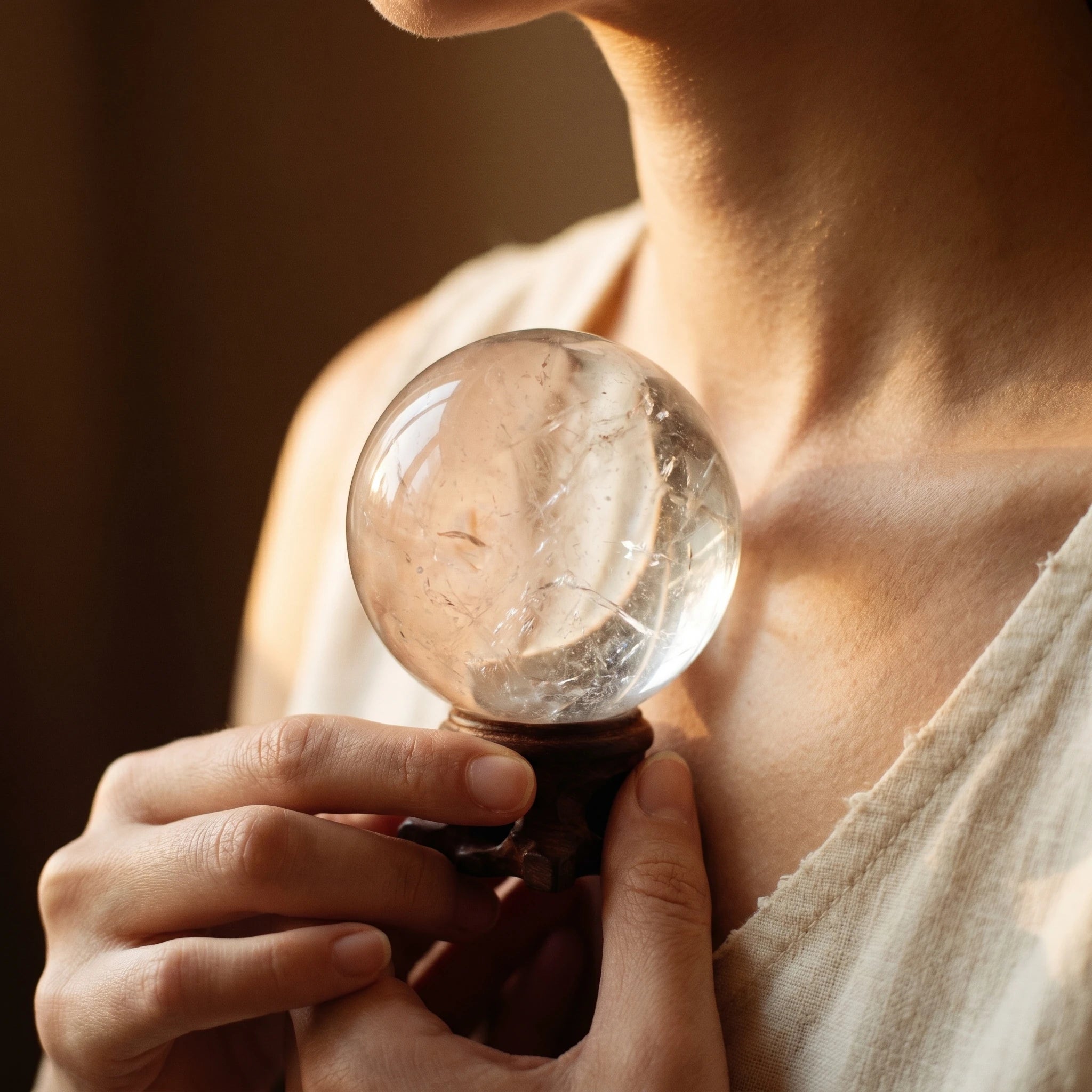 La Boule de Cristal — Sphère de quartz transparent 28–32 mm + socle bois — porté · AURÆN Pierres d'Âme