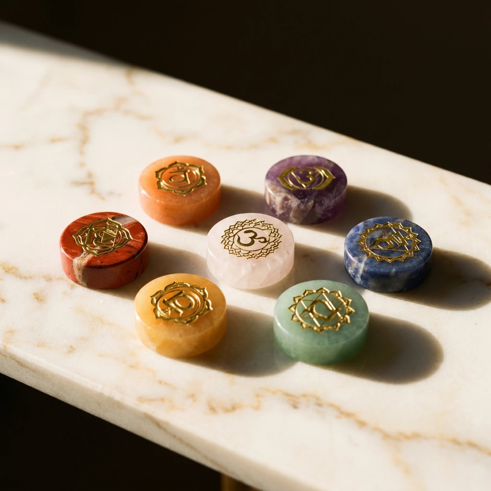 Le Septénaire — Set de 7 pierres chakras gravées symboles 16–18 mm — détail matière · AURÆN Pierres d'Âme