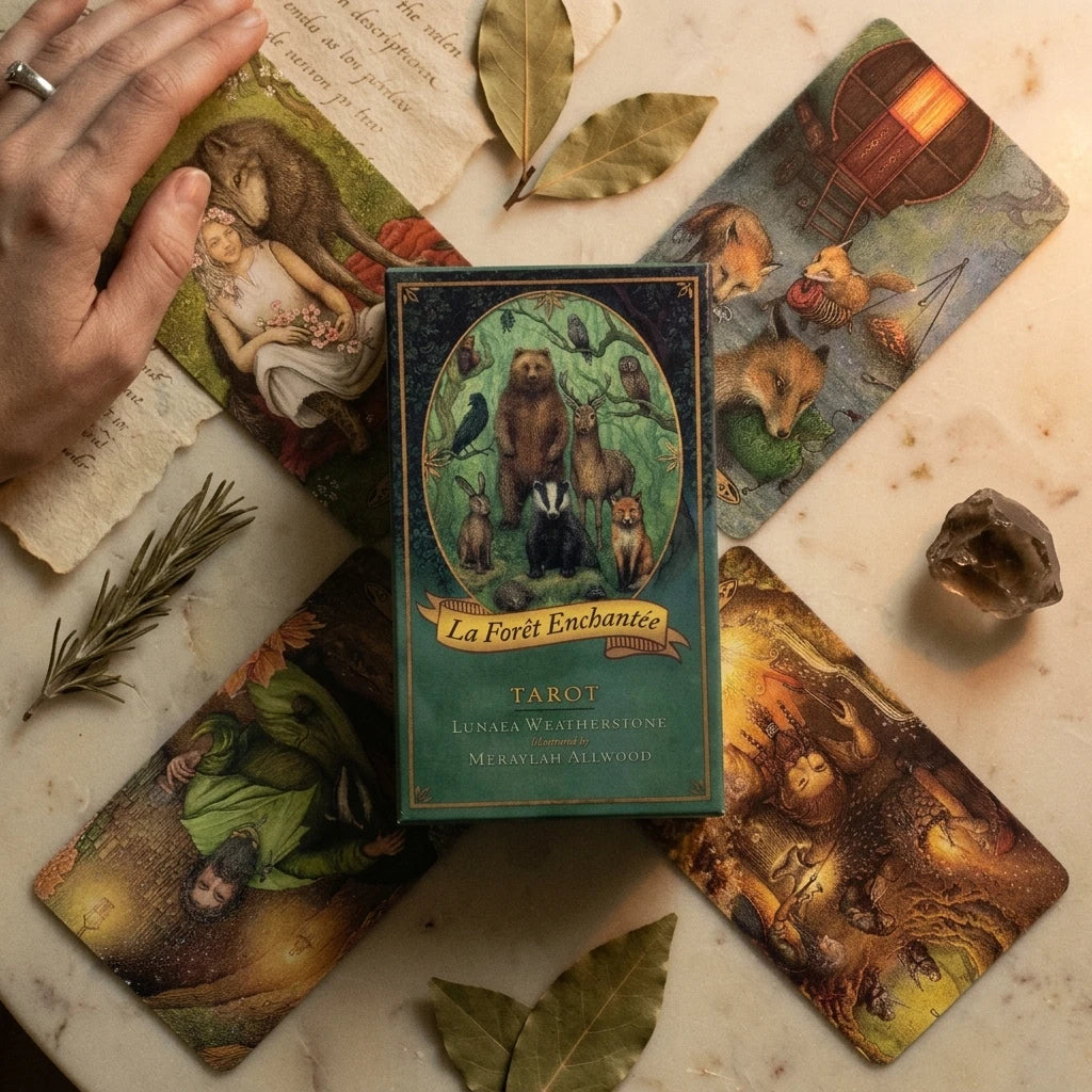 La Forêt Enchantée — Tarot 78 cartes (anglais) — mise en scène rituelle · AURÆN Objets Sacrés