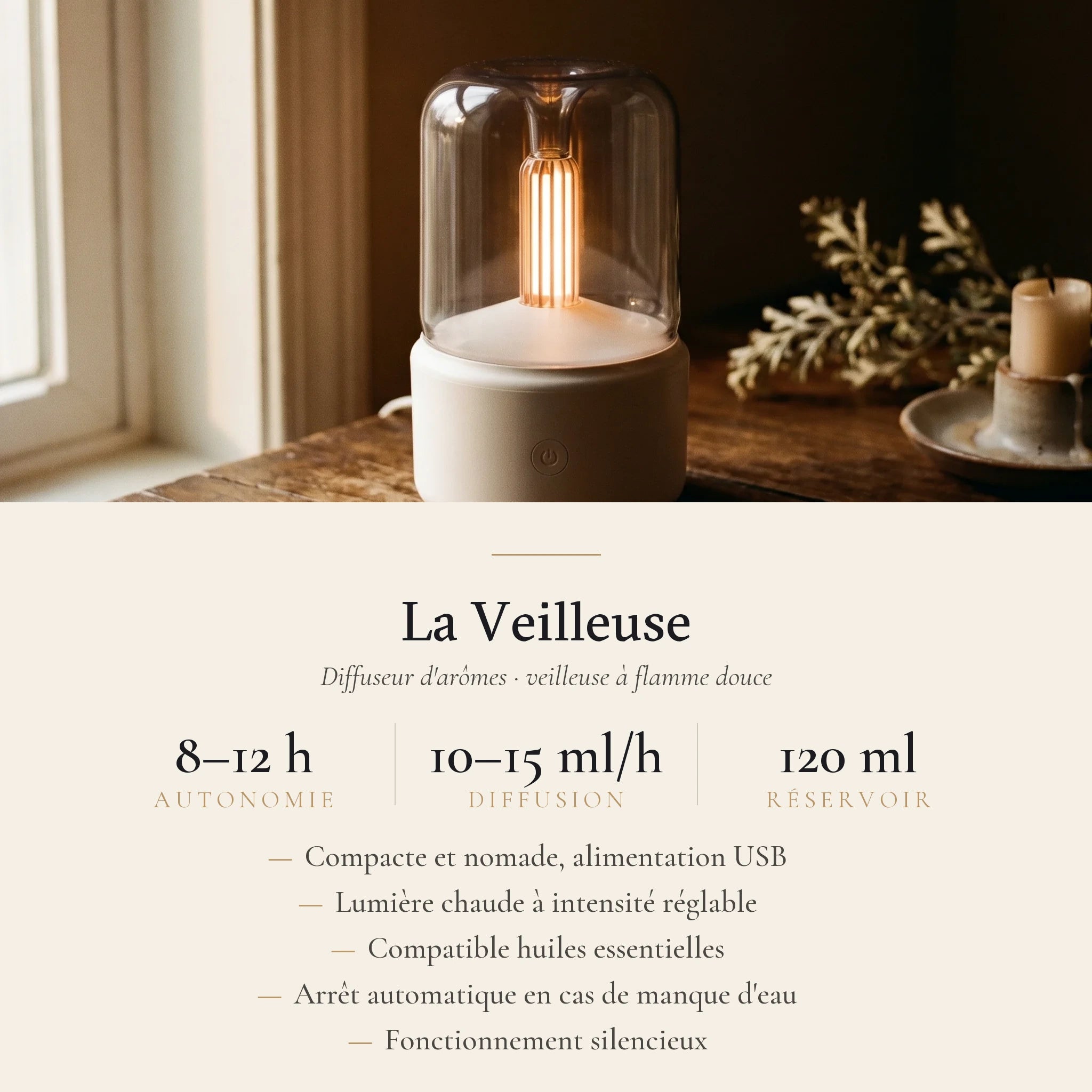 La Veilleuse — Diffuseur USB portable 120ml LED nuit — fiche d'information · AURÆN Rituels d'Or