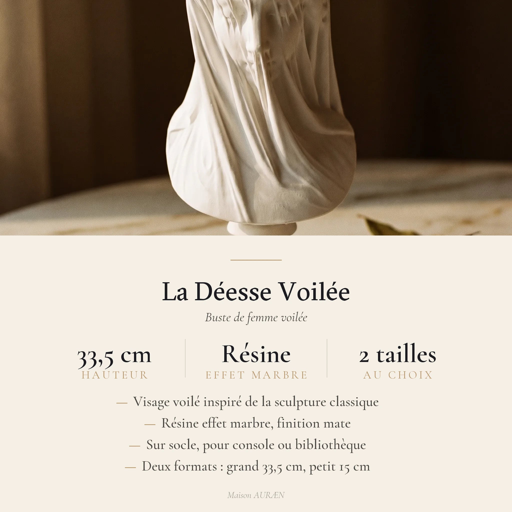 La Déesse Voilée — Buste de femme statuette mythologie classique — fiche d'information · AURÆN Objets Sacrés