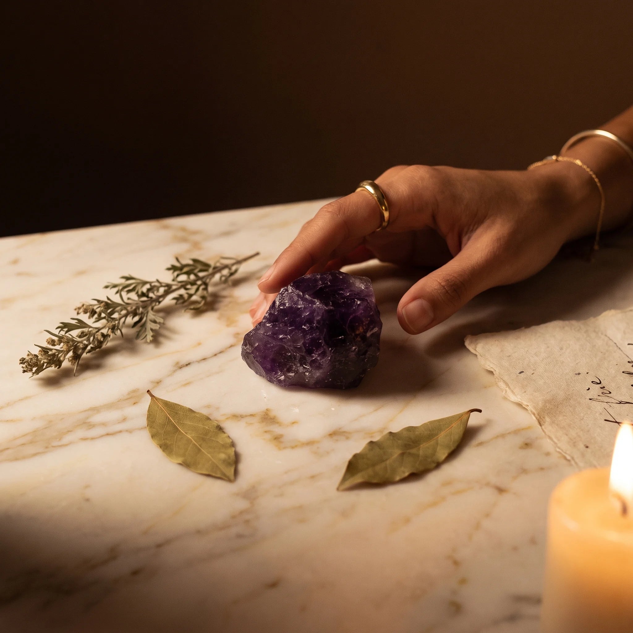 L'Améthyste Brute — Pierre cristal brut Reiki Specimen (5 tailles) — mise en scène rituelle · AURÆN Pierres d'Âme