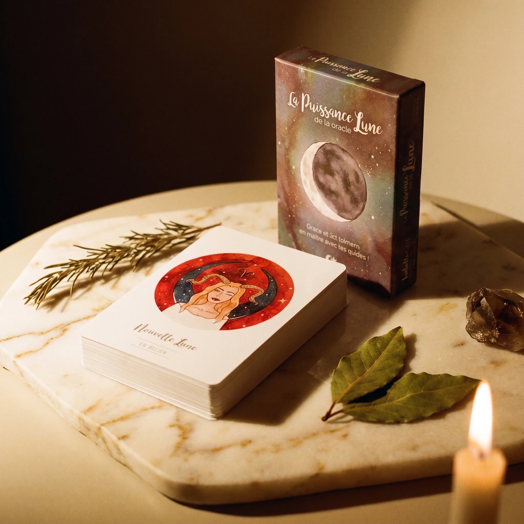 La Puissance de la Lune — Oracle 42 cartes en français (guidance spirituelle & émotionnelle) — mise en scène rituelle · AURÆN Objets Sacrés
