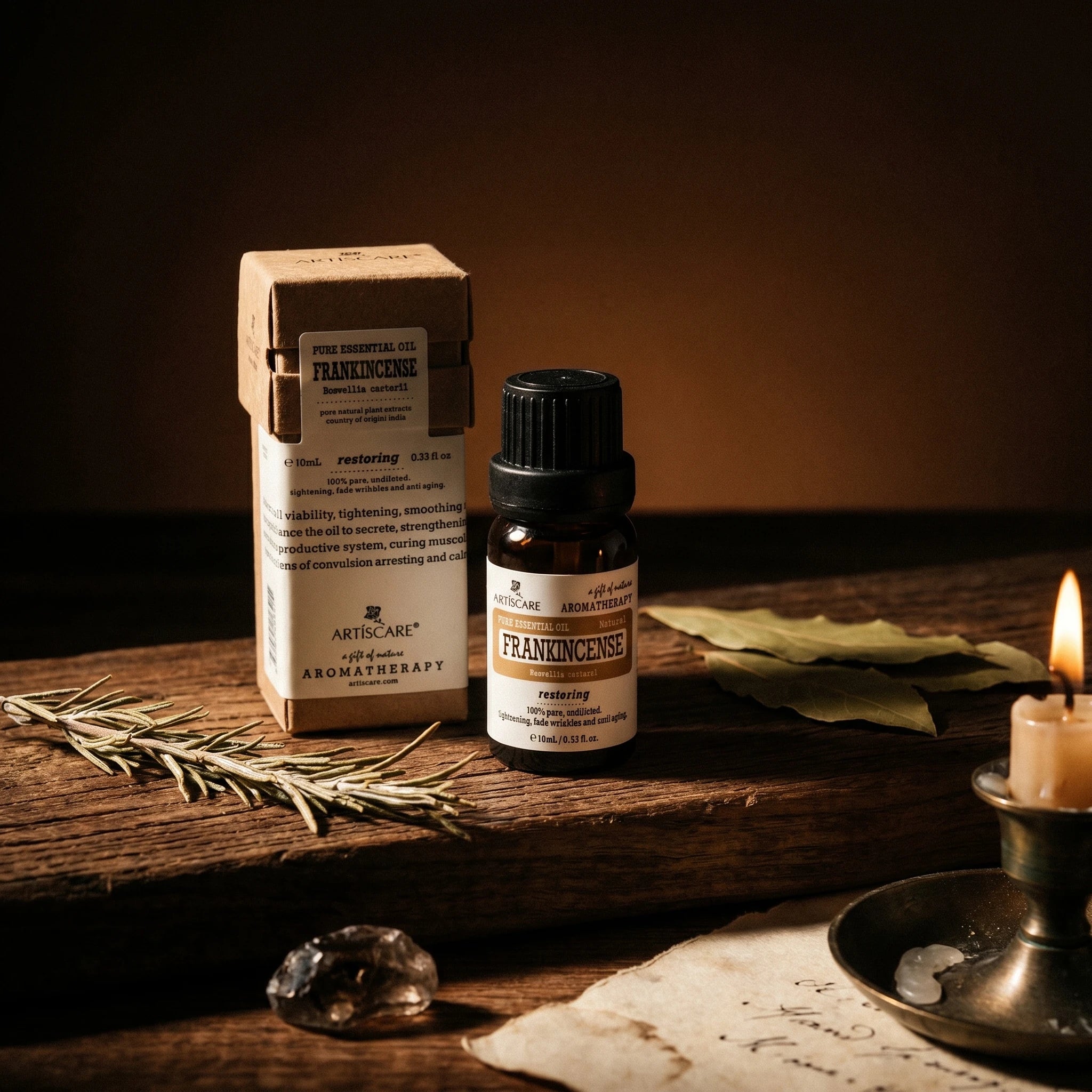 L'Élixir d'Oliban — Huile essentielle frankincense pure 10ml (beauté & rituel) — mise en scène rituelle · AURÆN Rituels d'Or