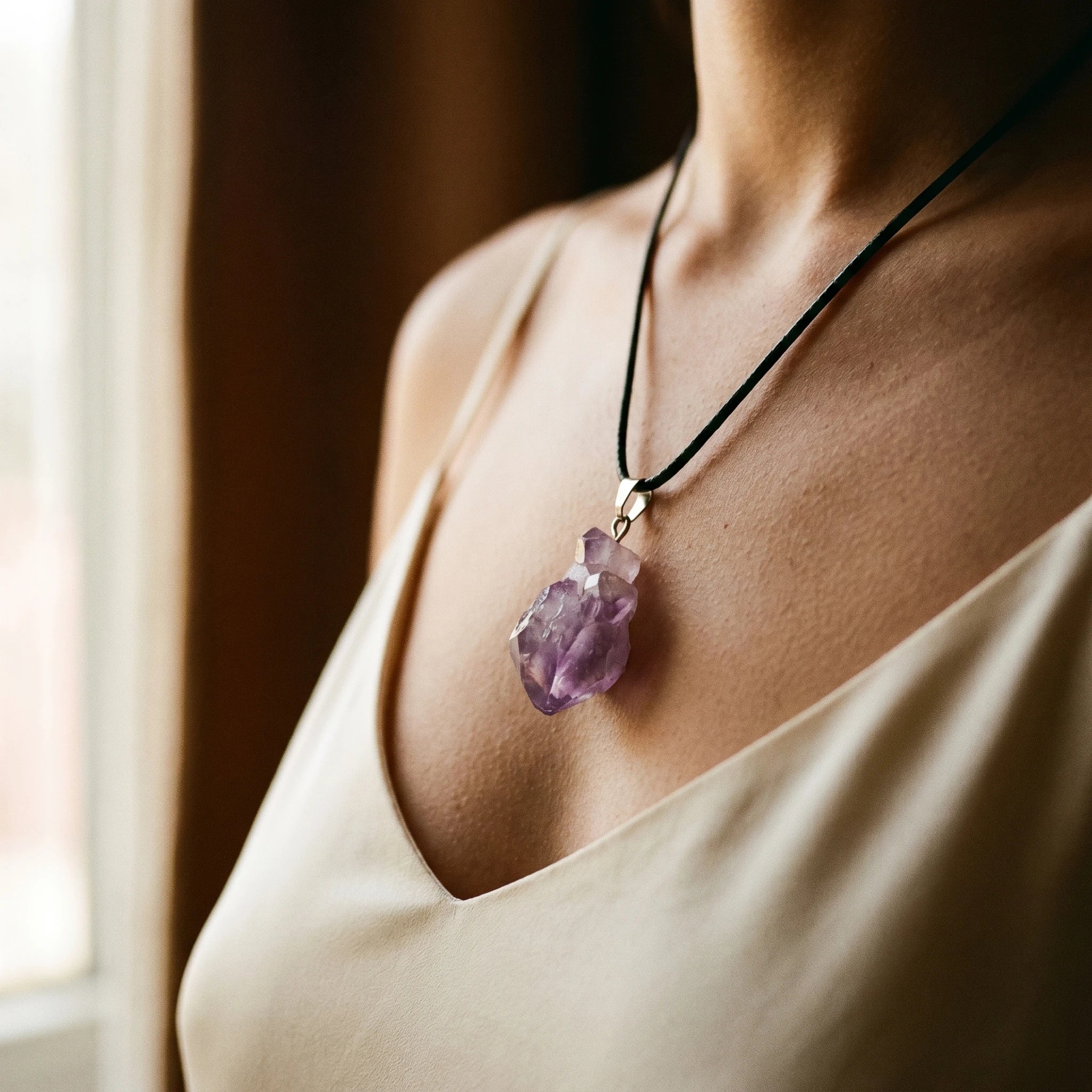 L'Améthyste Brute — Collier pendentif pierre brute — porté · AURÆN Pierres d'Âme