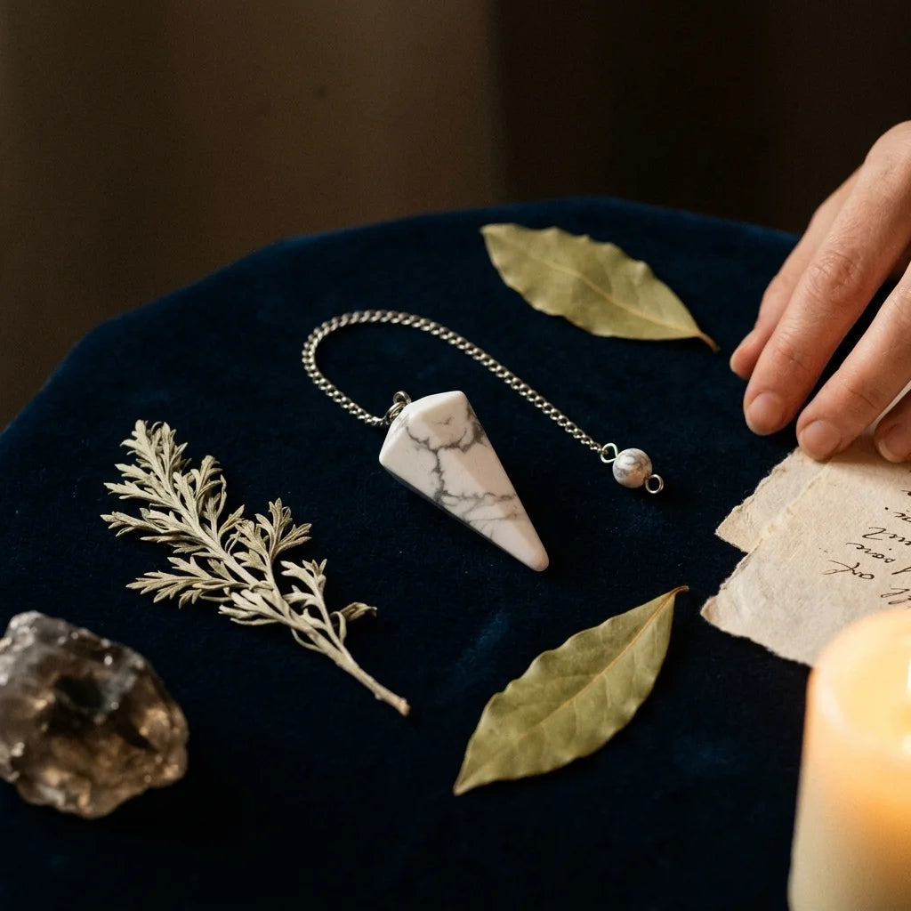 Le Pendule de Howlite — Radiesthésie pierre naturelle — mise en scène rituelle · AURÆN Objets Sacrés