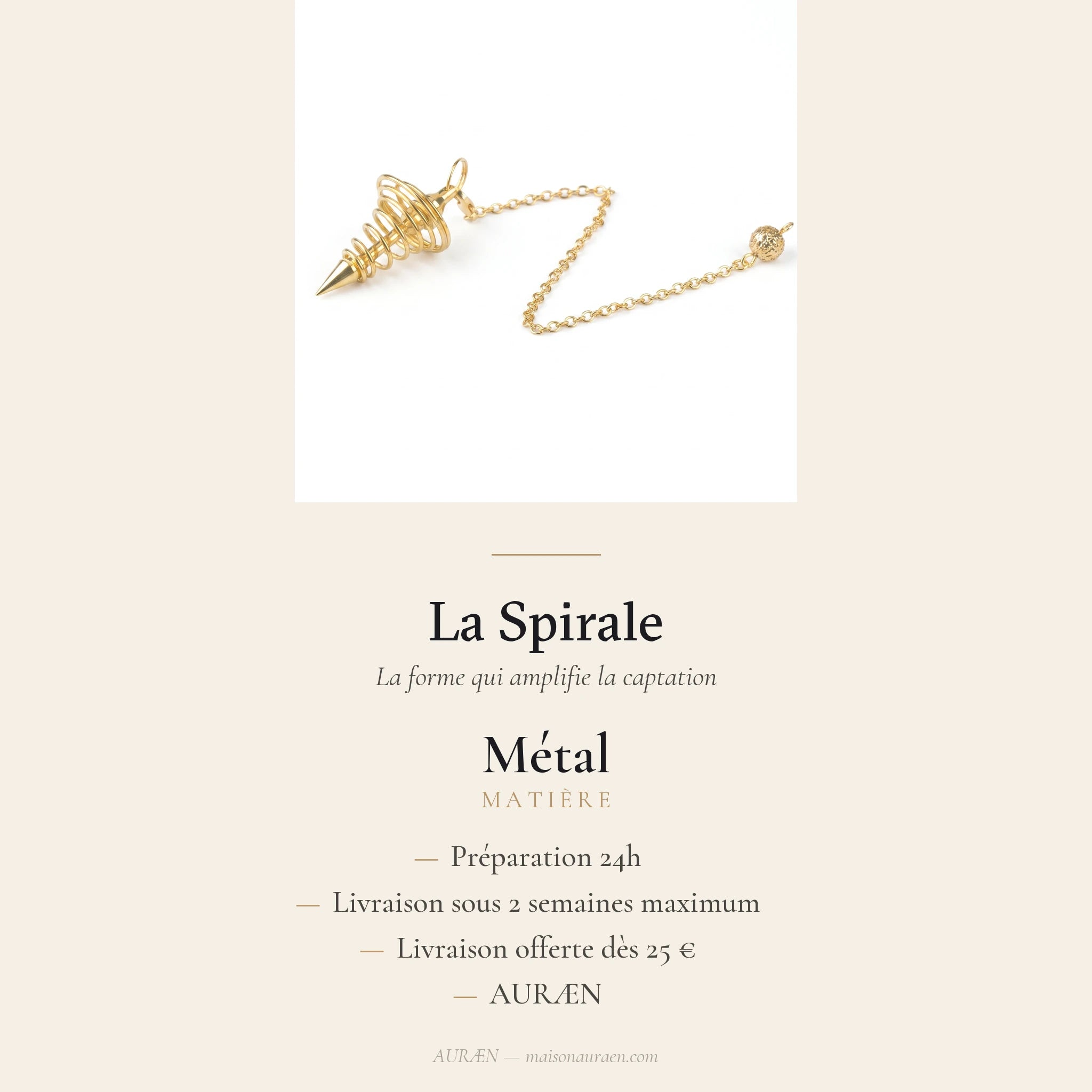 La Spirale — Pendule métal cône & spirale — fiche d'information · AURÆN Objets Sacrés