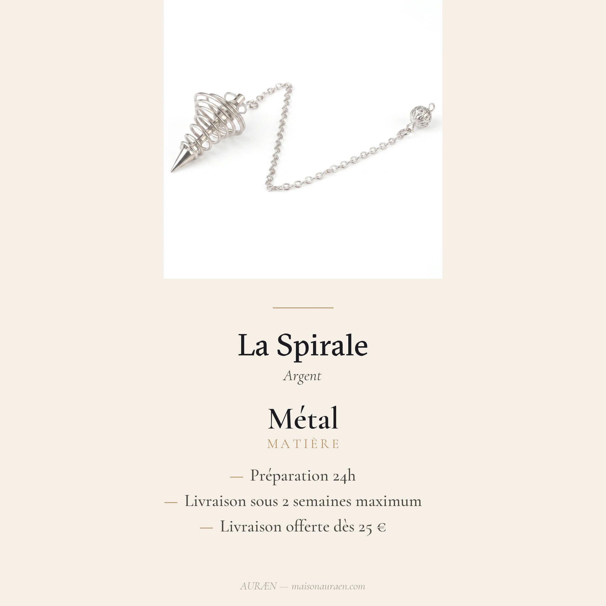 La Spirale — Pendule métal cône & spirale — fiche d'information · AURÆN Objets Sacrés