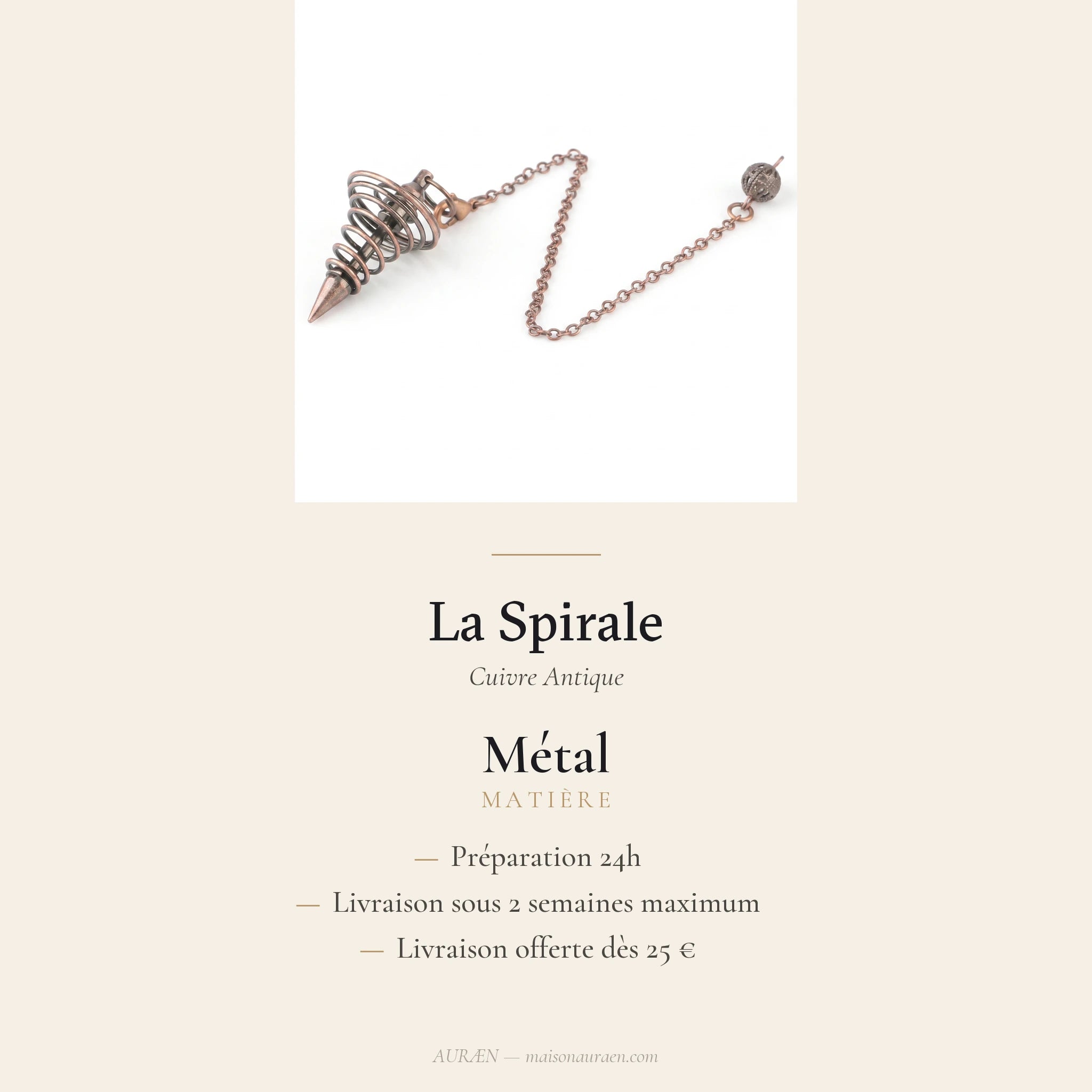 La Spirale — Pendule métal cône & spirale — fiche d'information · AURÆN Objets Sacrés
