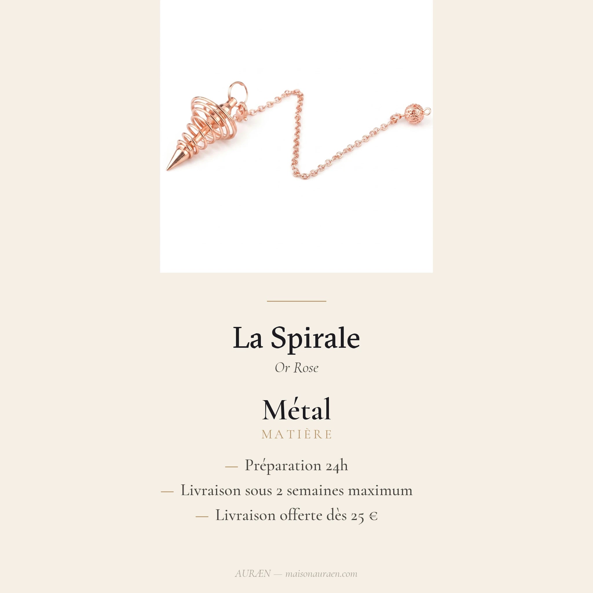 La Spirale — Pendule métal cône & spirale — fiche d'information · AURÆN Objets Sacrés