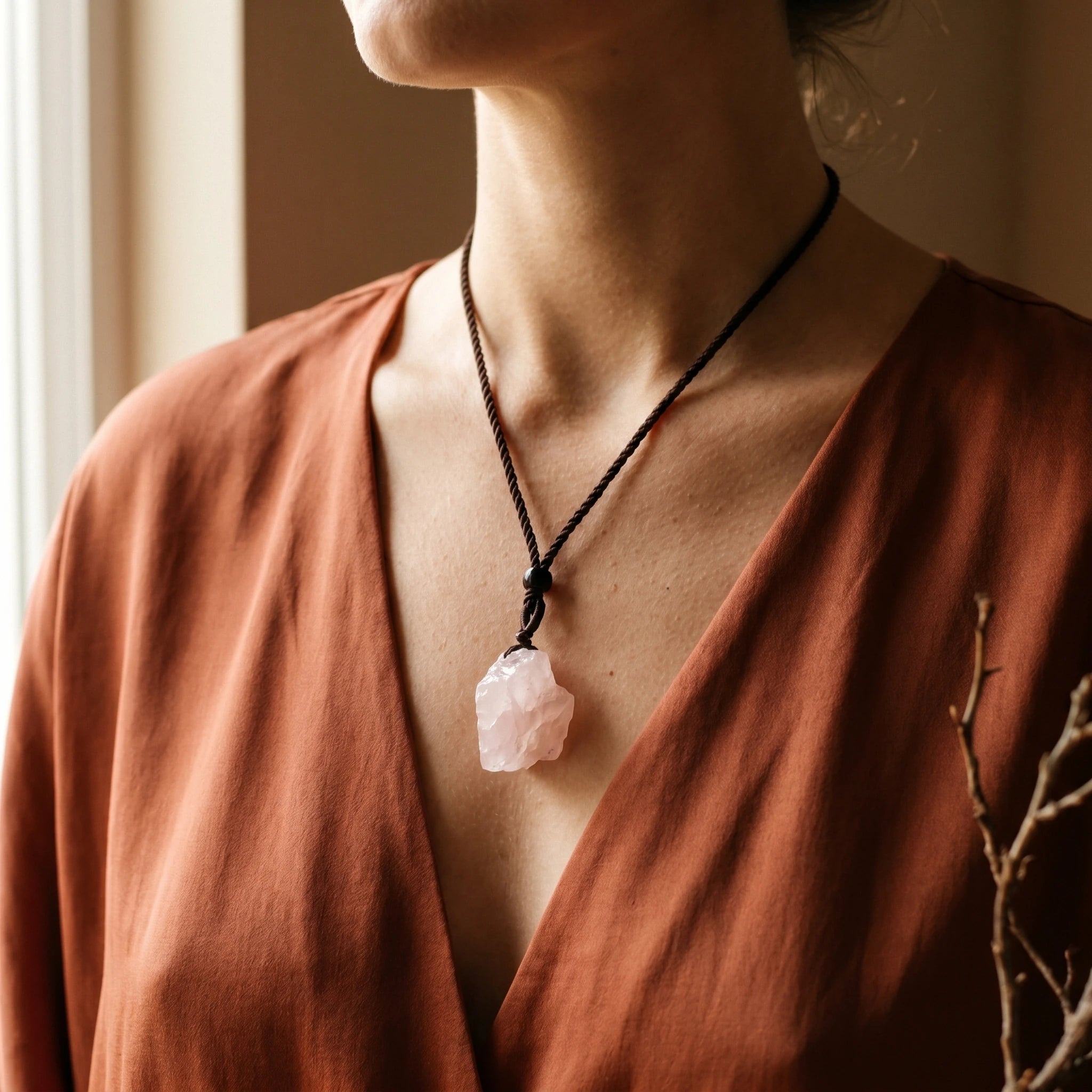 Le Quartz Rose Brut — Collier pendentif pierre brute — porté · AURÆN Pierres d'Âme