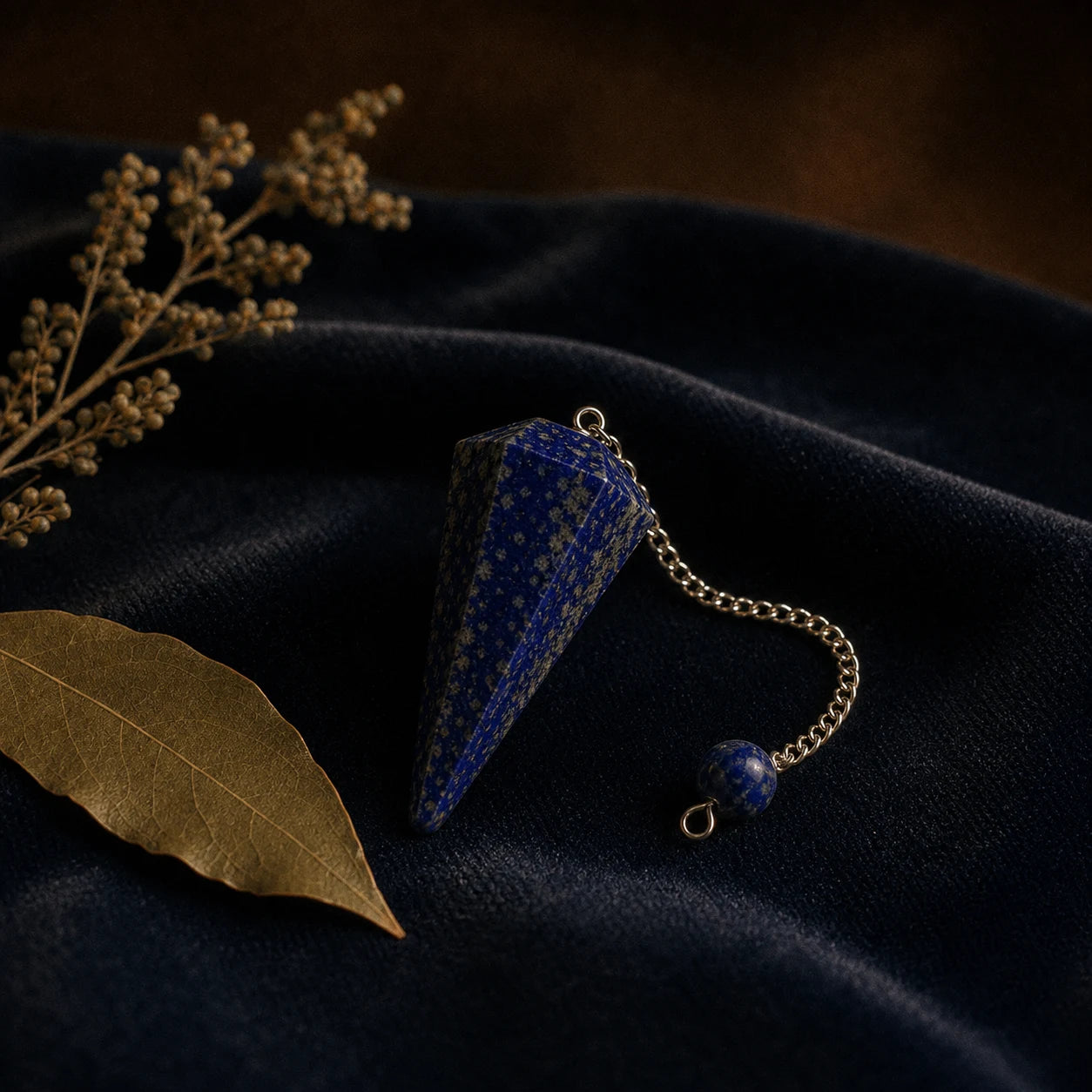 Le Pendule de Lapis-lazuli — Radiesthésie pierre naturelle — mise en scène rituelle · AURÆN Objets Sacrés