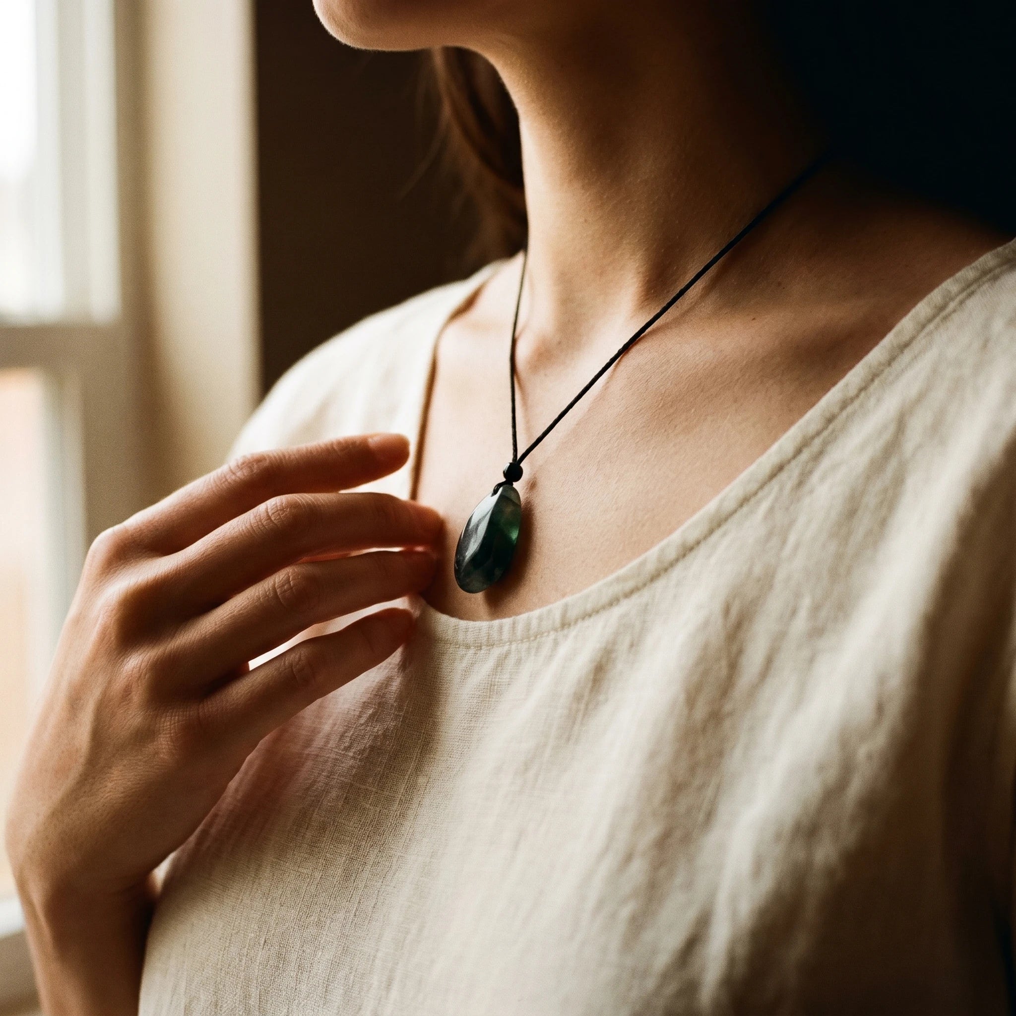 La Fluorite Brute — Collier pendentif pierre brute — porté · AURÆN Pierres d'Âme