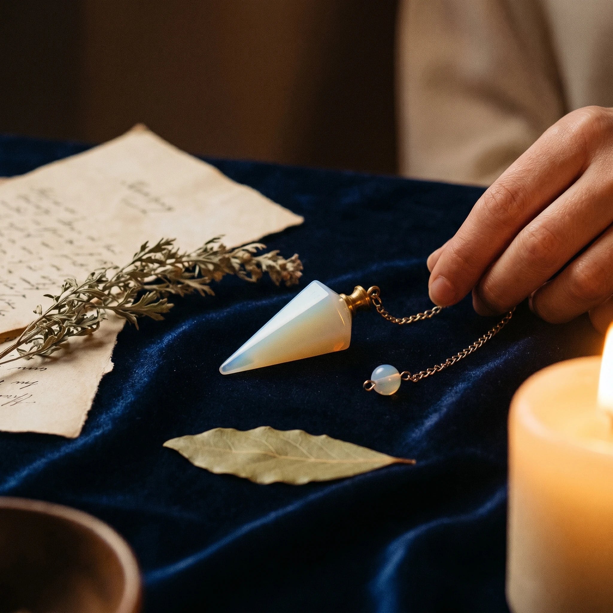 Le Pendule d'Opale — Radiesthésie pierre naturelle — mise en scène rituelle · AURÆN Objets Sacrés
